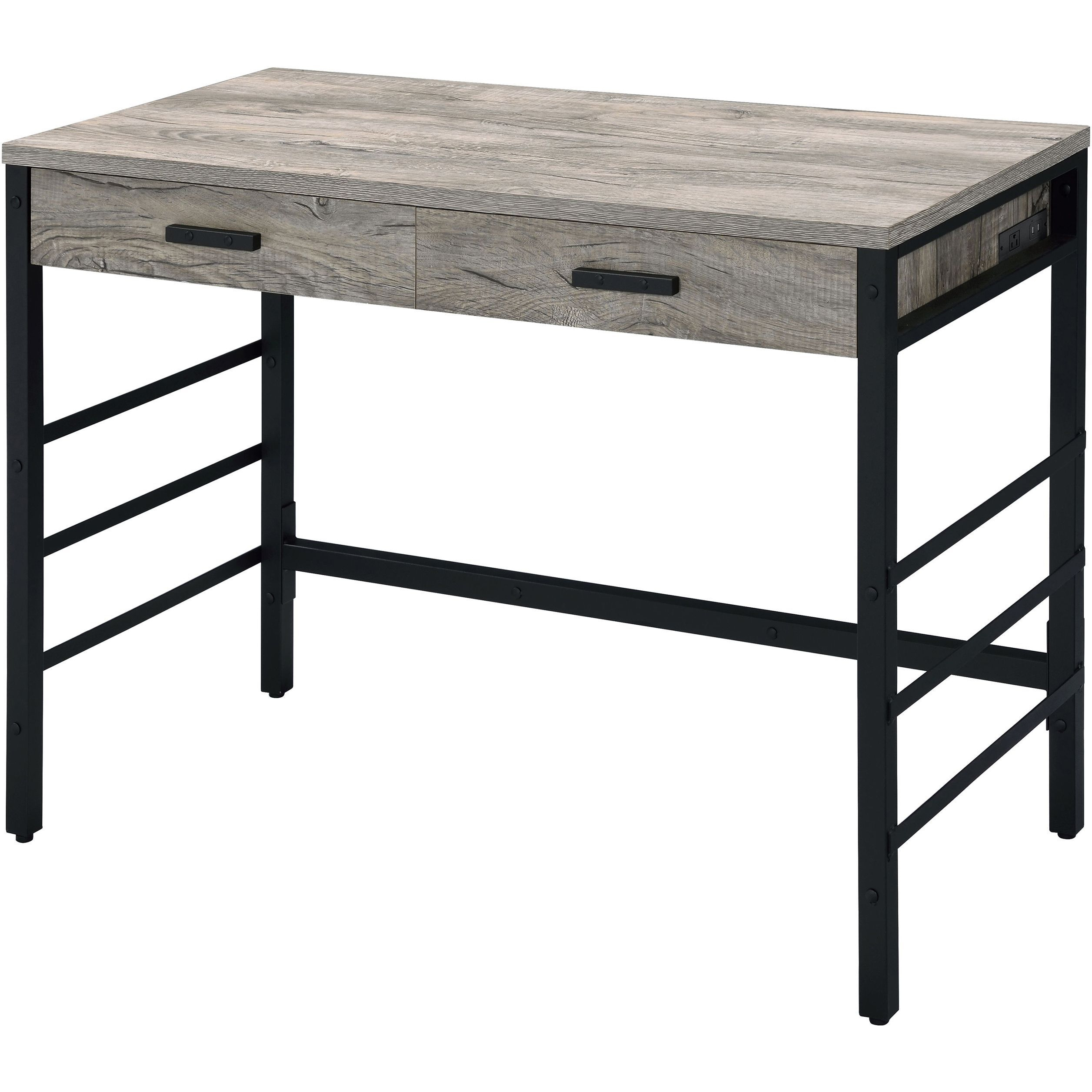 Light Weathered Oak And Black Writing Desk With 2 Drawers