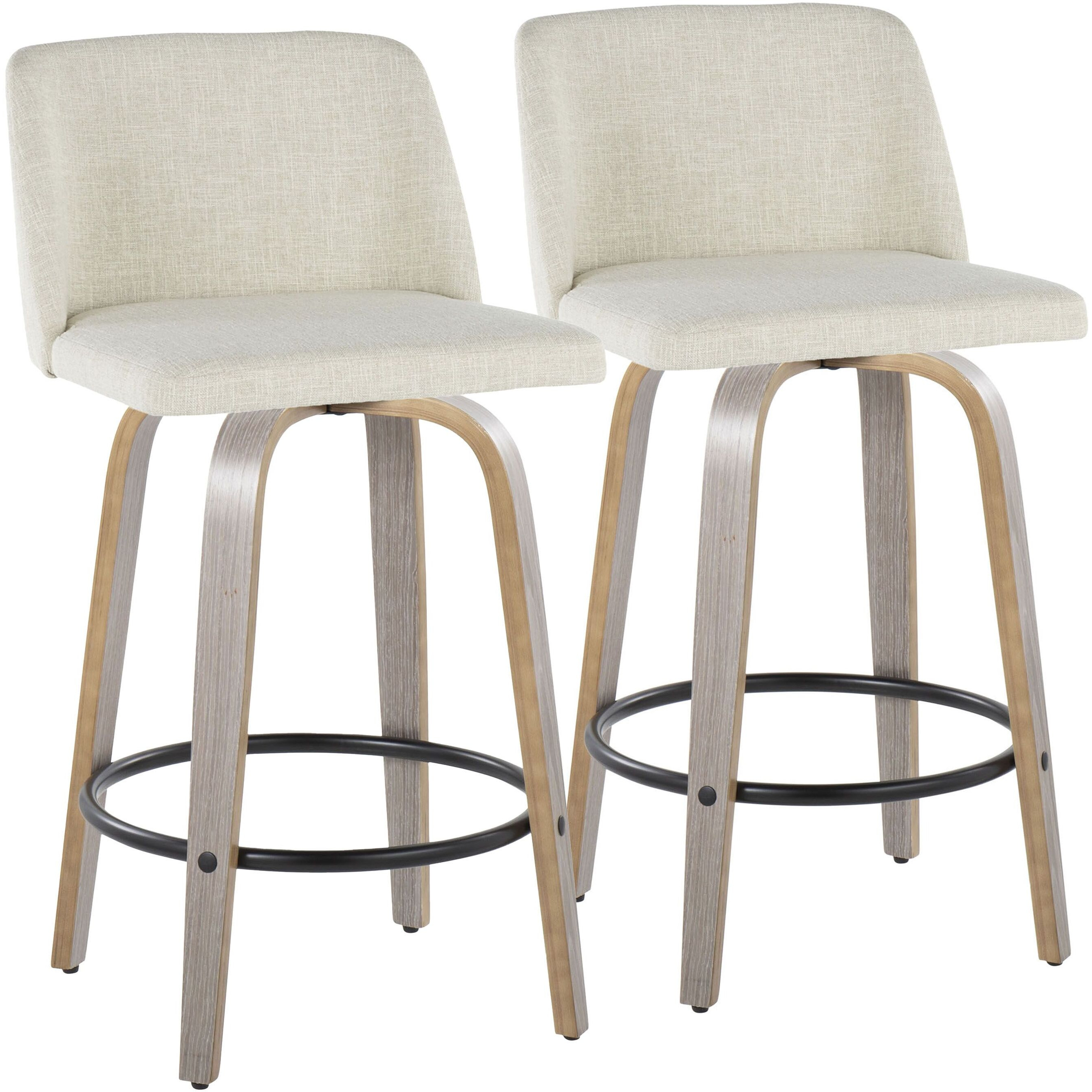 Toriano 26"" Contemporary Fixed-Height Counter Stool With Swivel In Light Grey Wood And Cream Fabric With Round Black Metal Footrest By Lumisource - Set Of 2