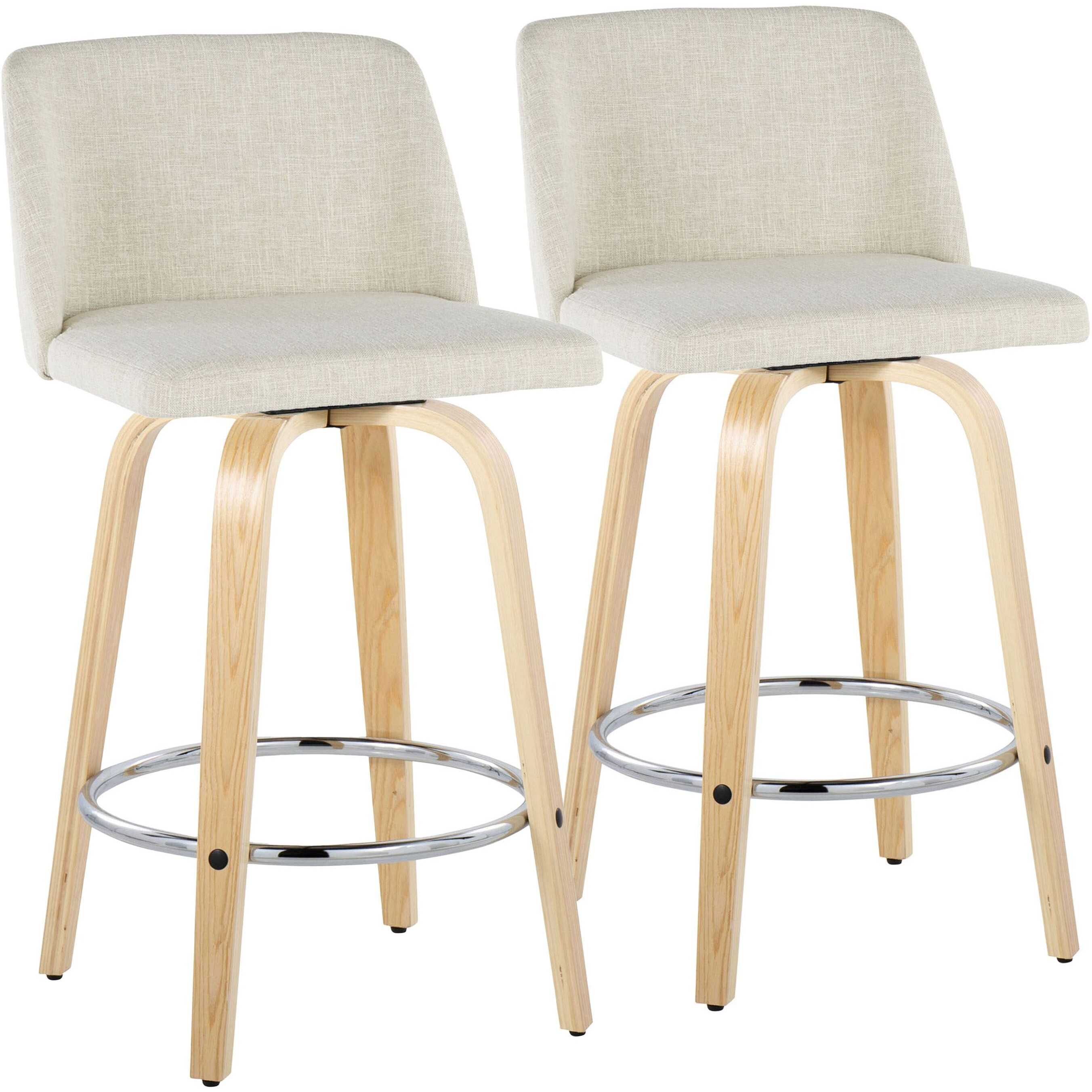 Toriano 26"" Contemporary Fixed Height Counter Stool With Swivel In Natural Wood And Cream Fabric With Round Chrome Metal Footrest By Lumisource - Set Of 2