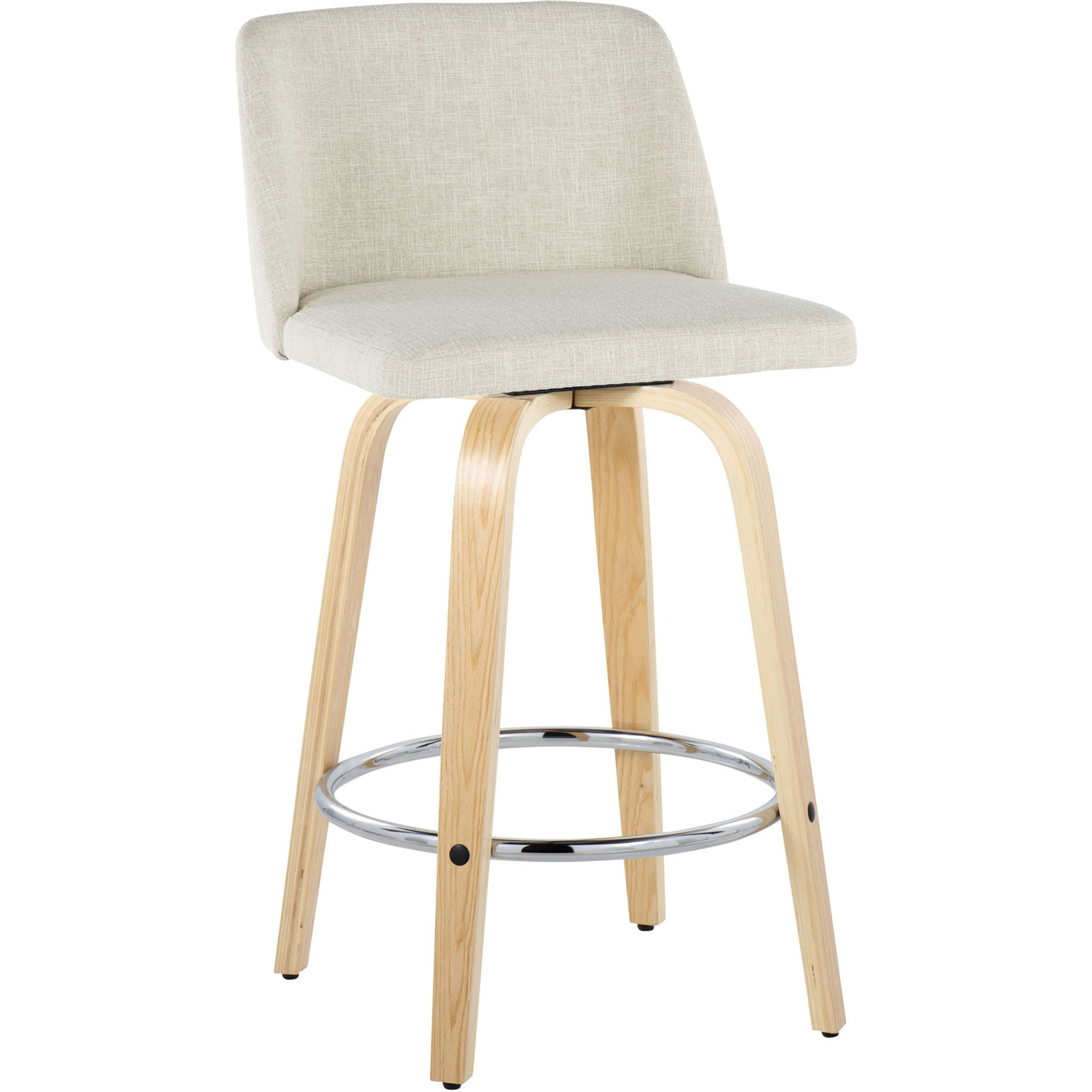 Toriano 26"" Contemporary Fixed Height Counter Stool With Swivel In Natural Wood And Cream Fabric With Round Chrome Metal Footrest By Lumisource - Set Of 2