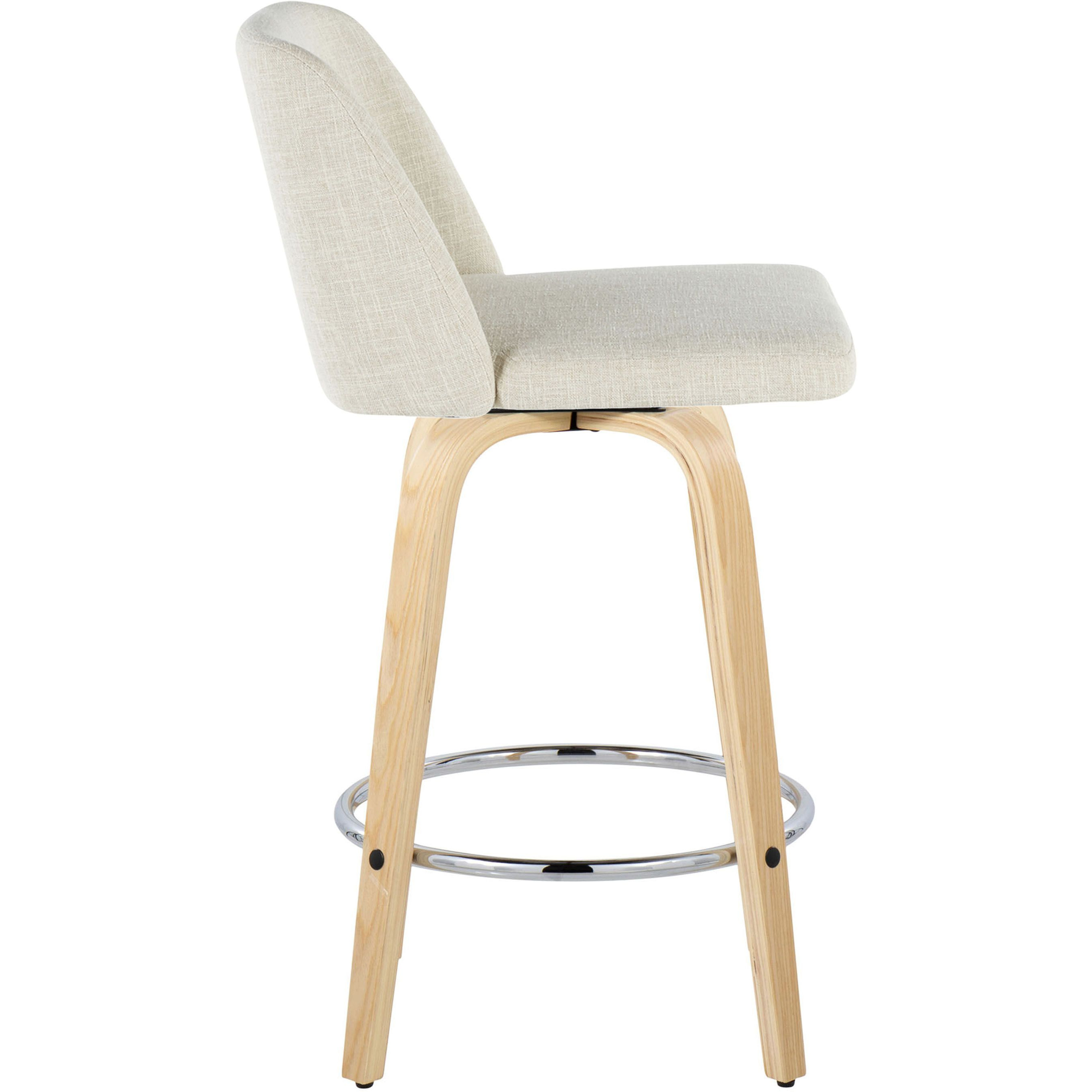 Toriano 26"" Contemporary Fixed Height Counter Stool With Swivel In Natural Wood And Cream Fabric With Round Chrome Metal Footrest By Lumisource - Set Of 2