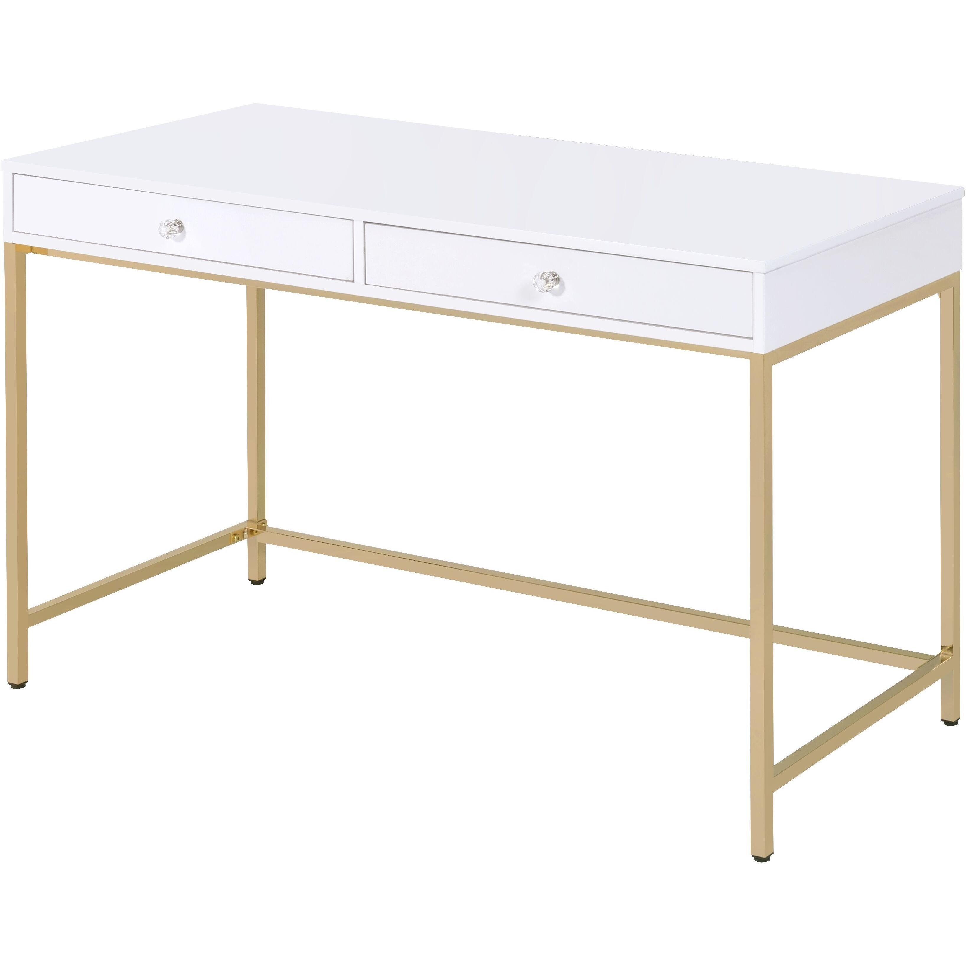 White High Gloss And Gold 2-Drawer Writing Desk