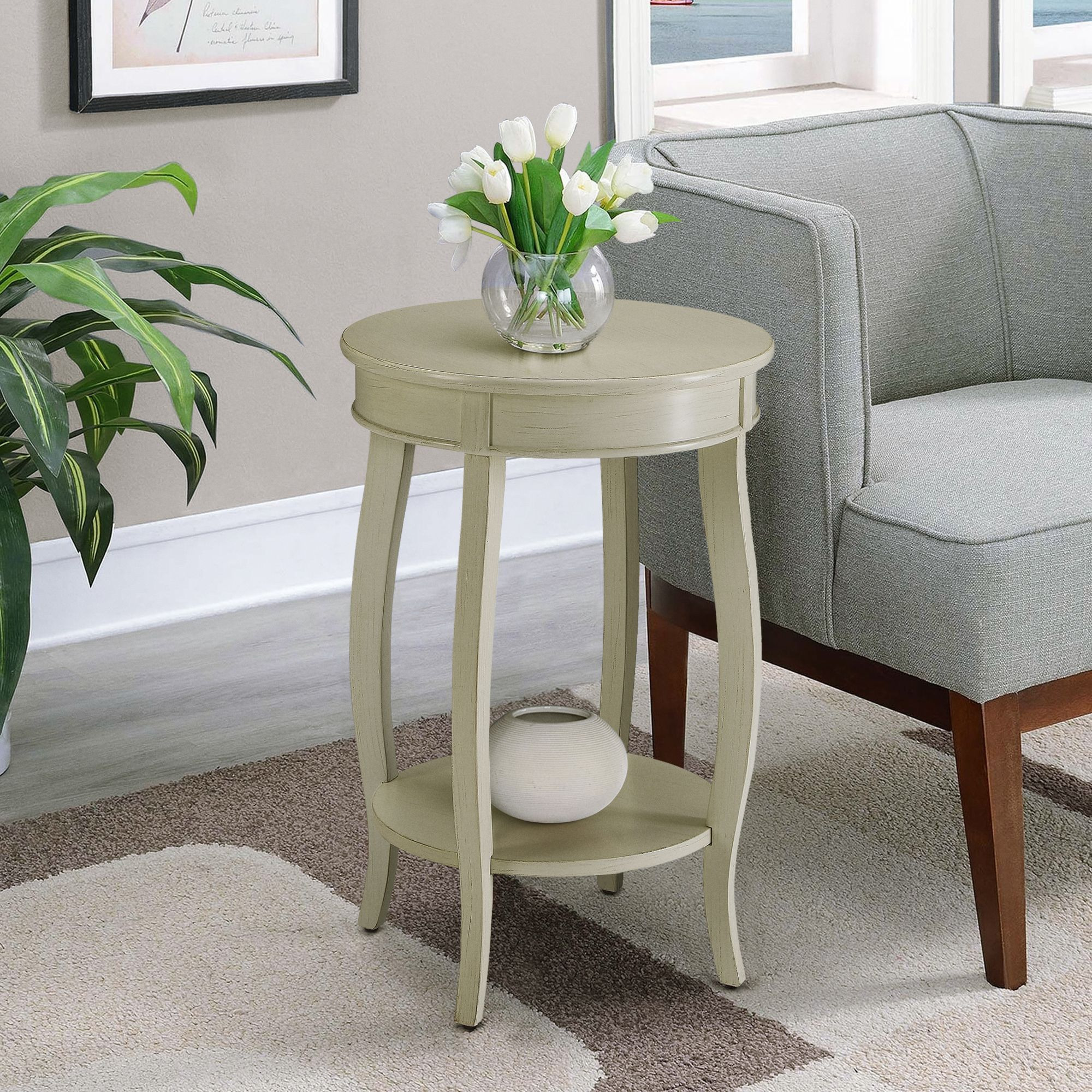 Antique White Round Side Table With Bottom Shelf