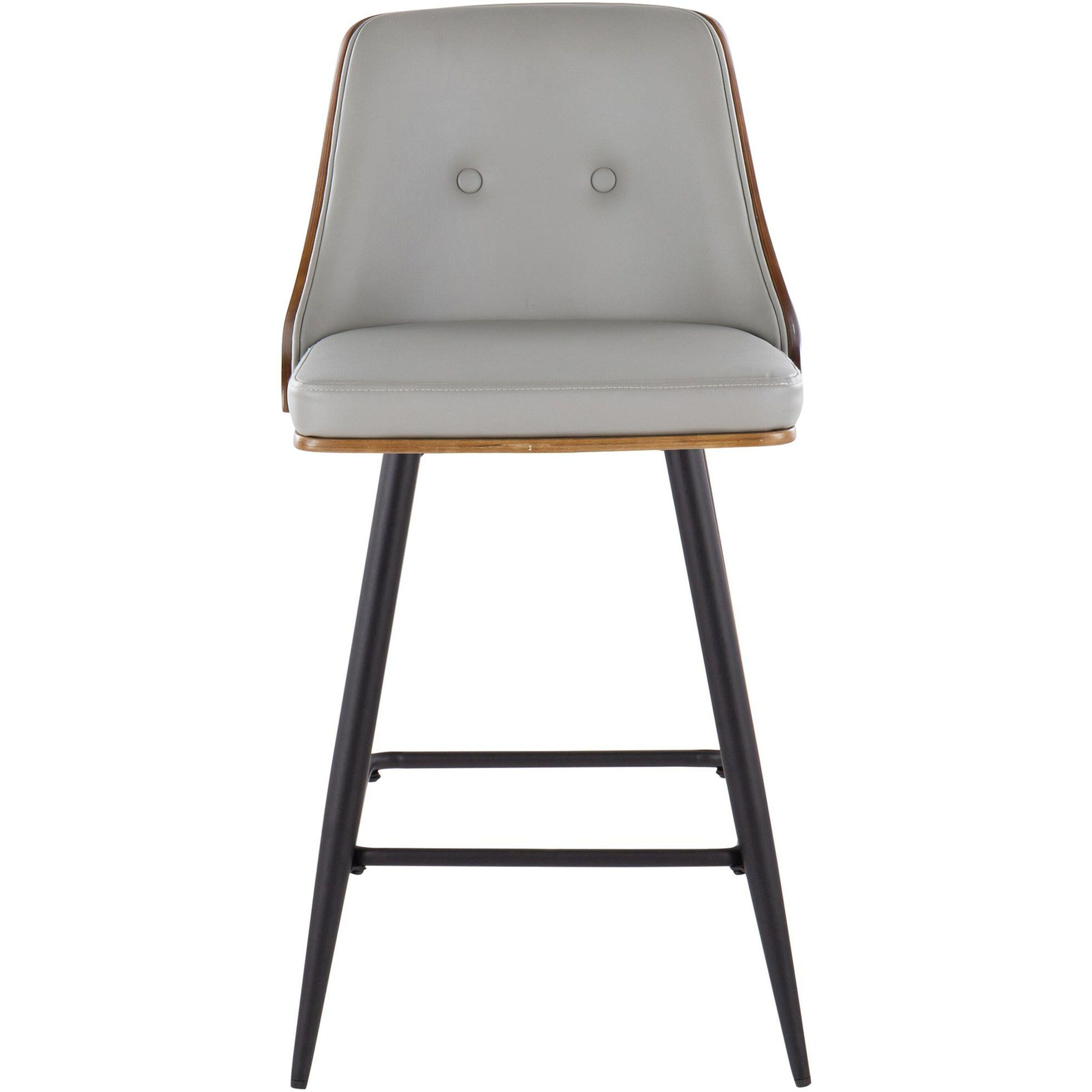 Gianna 26"" Mid-Century Modern Fixed-Height Counter Stool With Swivel In Matte Black Metal  Walnut Wood And Light Grey Faux Leather With Square Footrest By Lumisource - Set Of 2