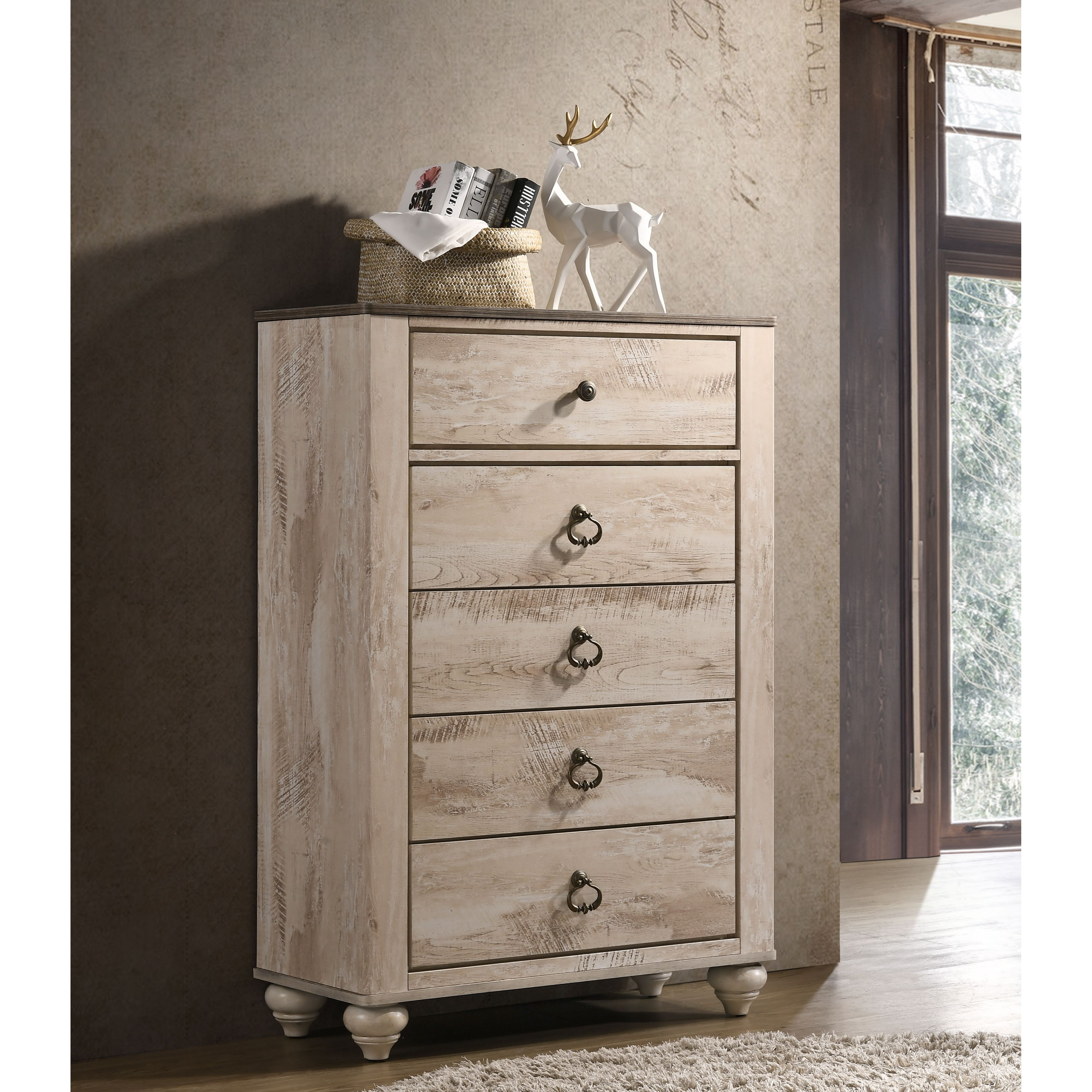 Imerland Contemporary Patched Wood Top 5-Drawer Chest  White Wash Finish