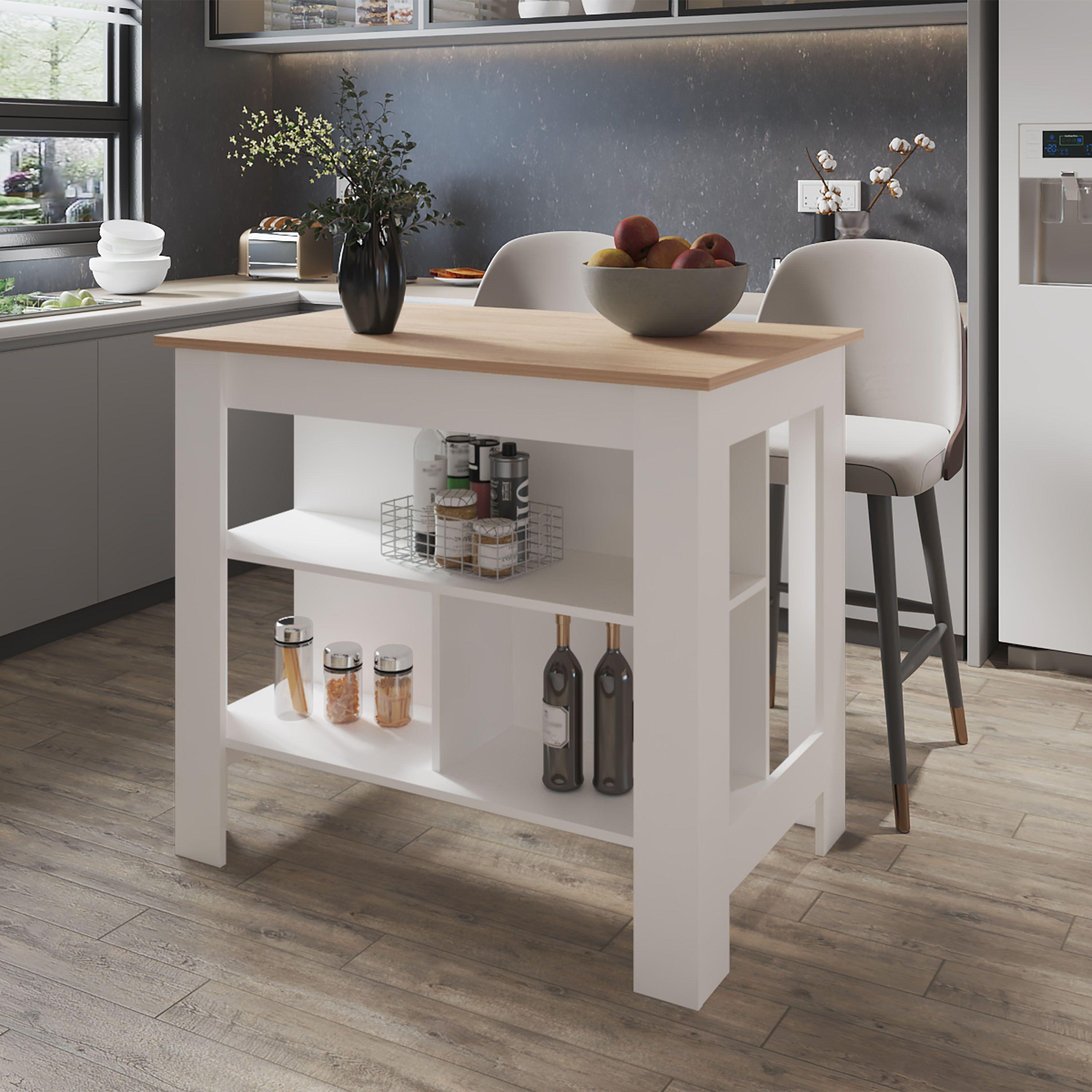 Aztec Kitchen Island In Melamine With Open Storage  Light Pine/White