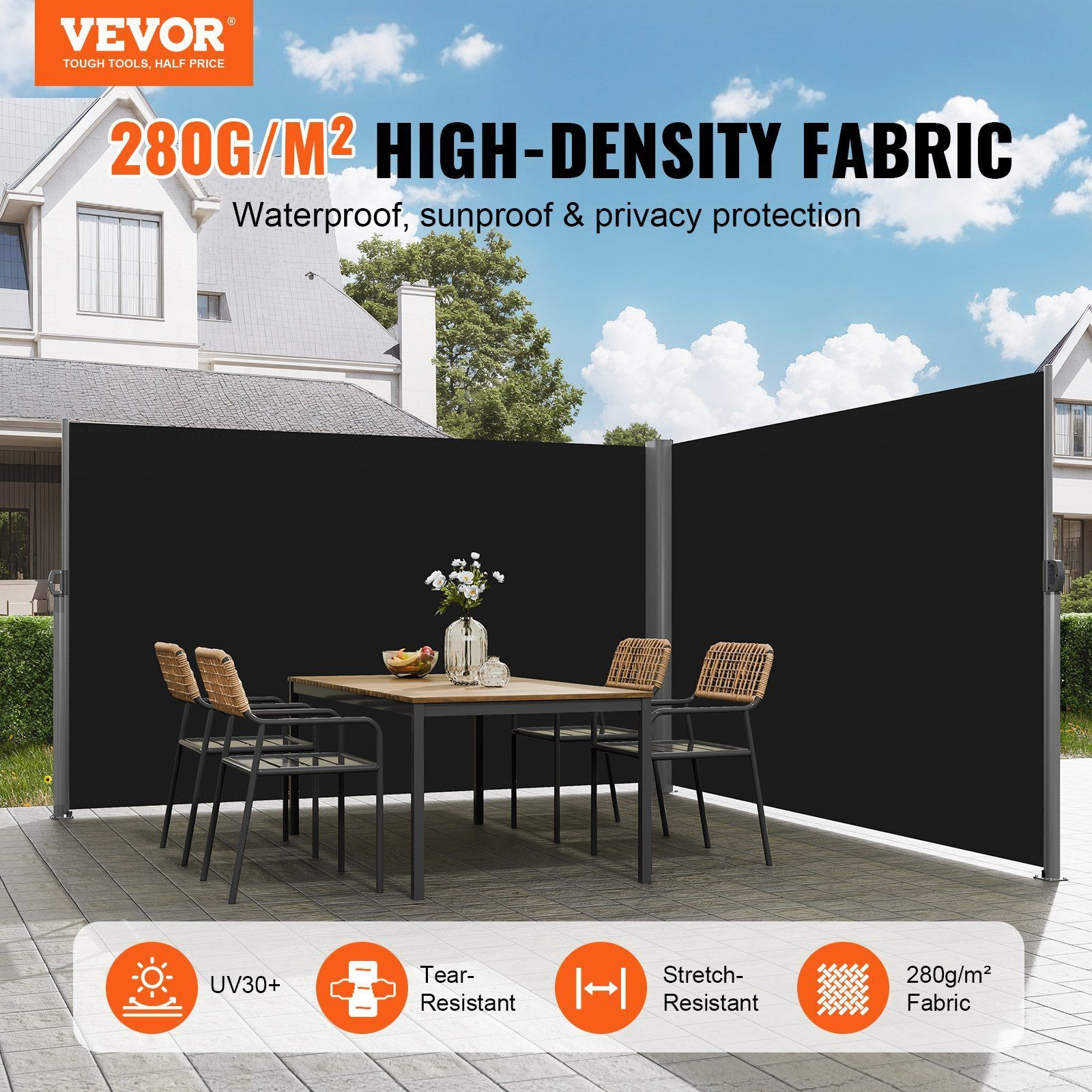 Vevor 236"" X 71"&quotBlack Retractable Awnig-Rugged Full Aluminum Rust-Proof Patio Sunshine Privacy Divider Wind Screen. Longer Service Life  Suitable For Courtyard  Roof Terraces And Pools