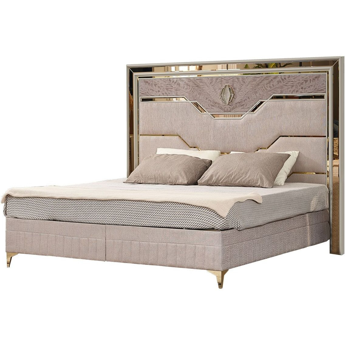 Omari Modern Style Queen Upholstered Bed Made With Wood And Gold Accents In Beige