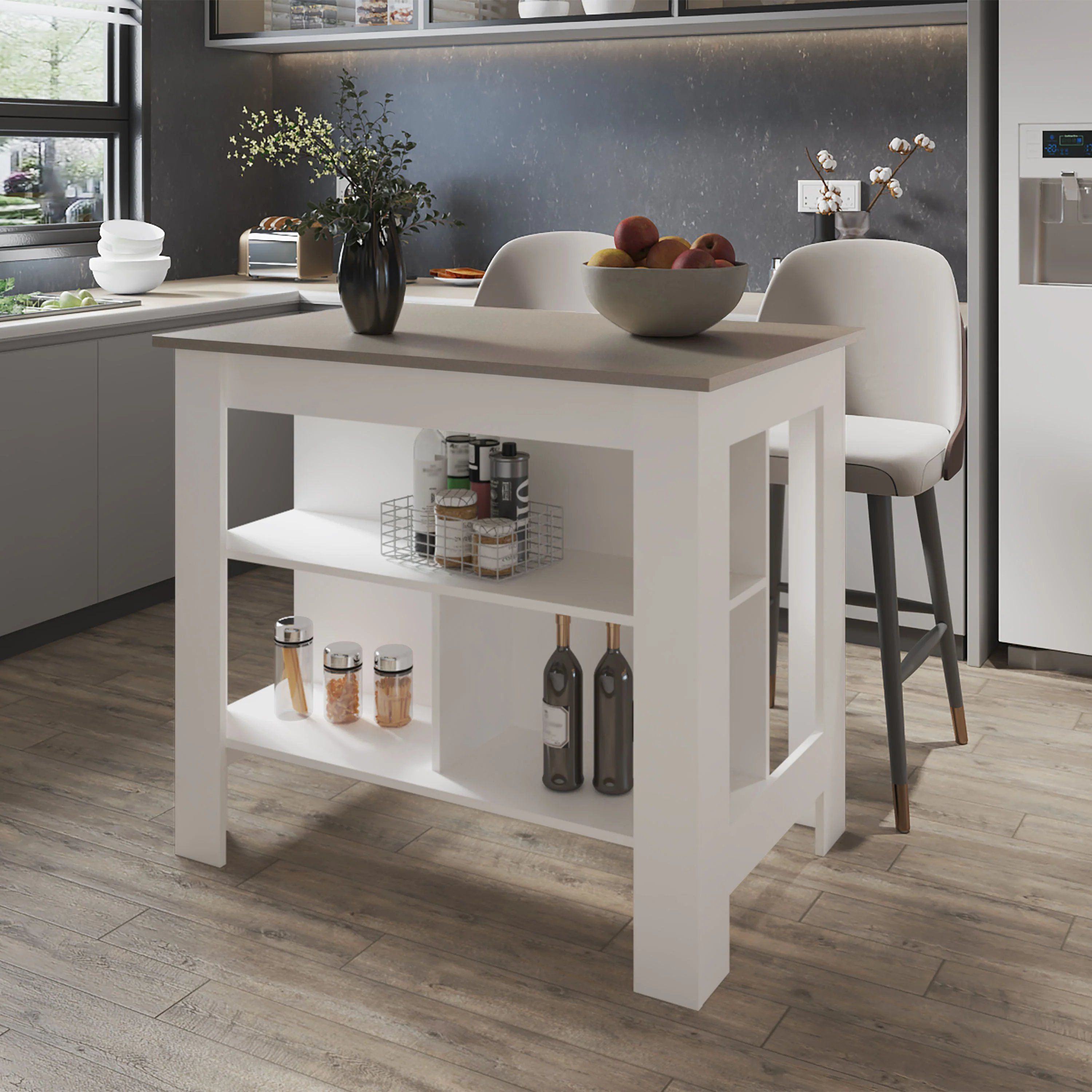 Taupe And White Kitchen Island With Open Storage