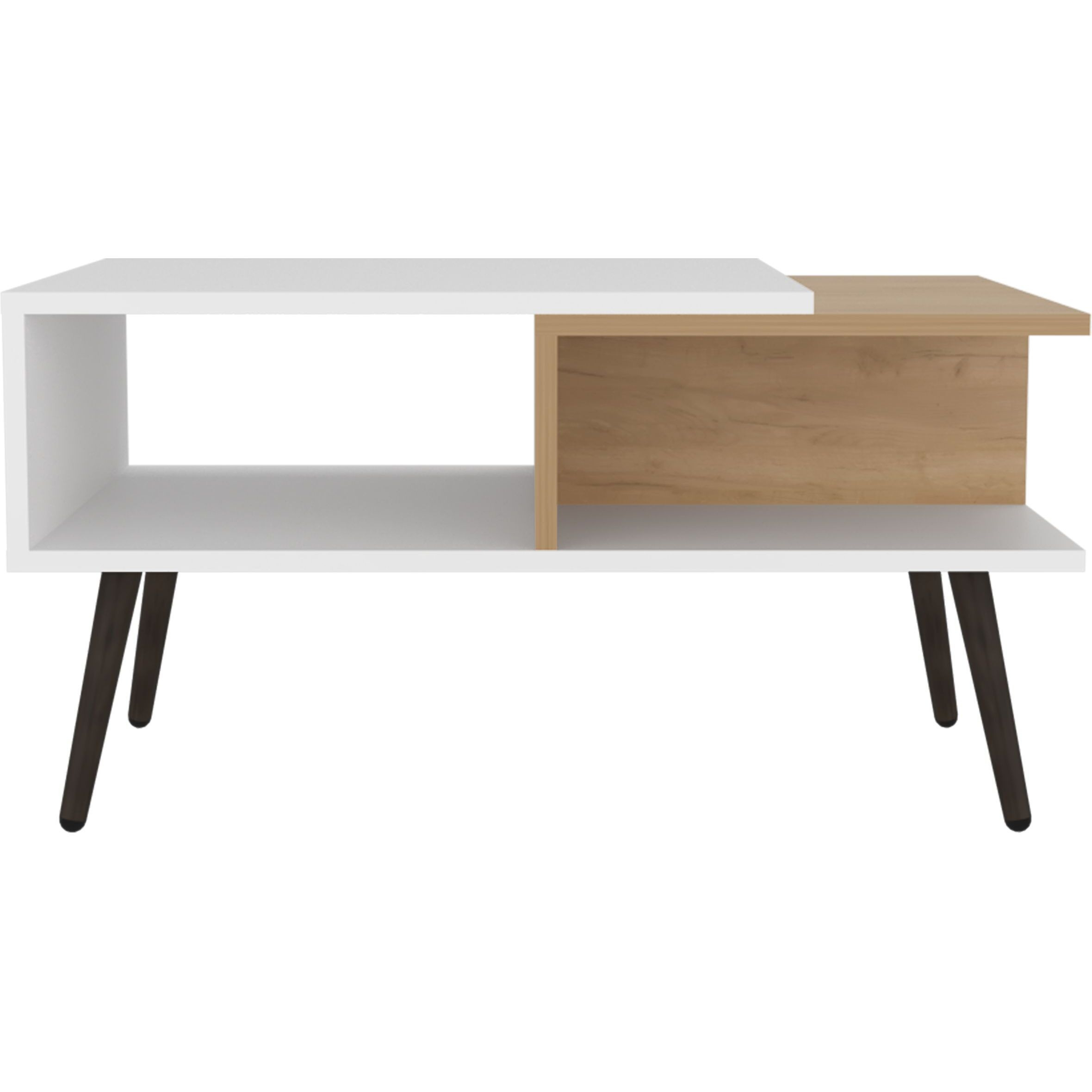 Hack Berry Coffee Table With Open Storage And Conical Legs   White + Natural Oak