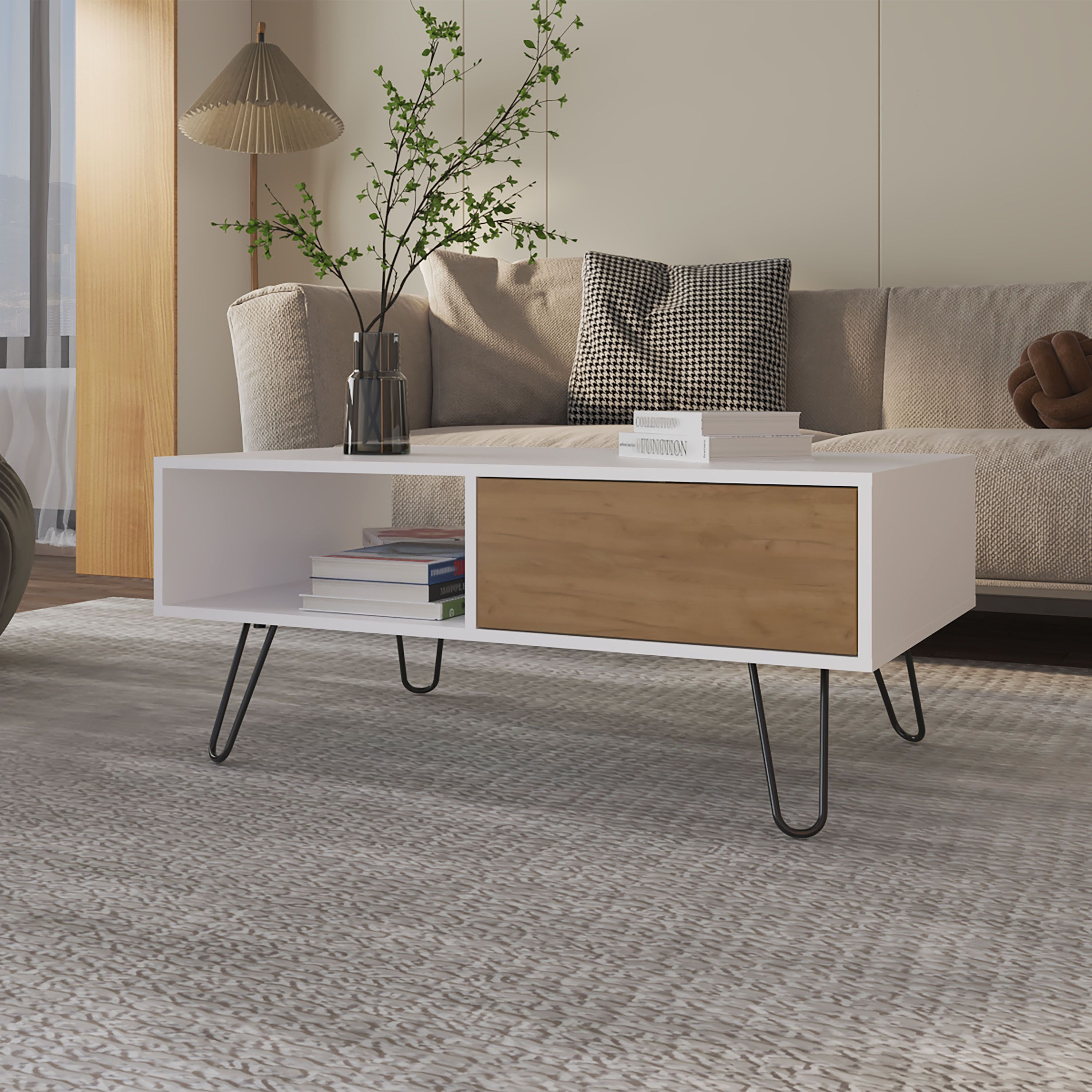 Gramling Coffee Table With A Drawer And Hairpin Legs  White + Natural Oak