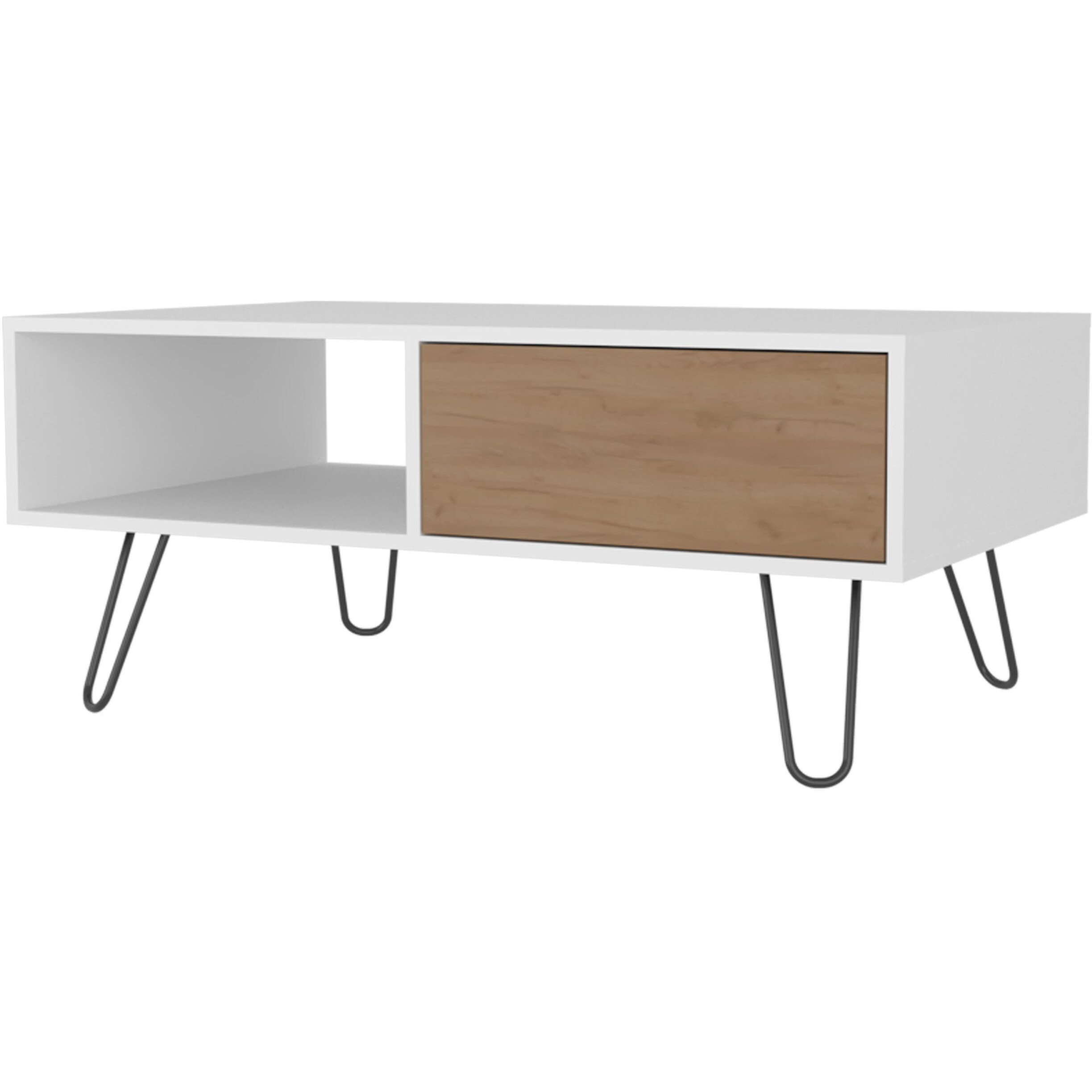 Gramling Coffee Table With A Drawer And Hairpin Legs  White + Natural Oak