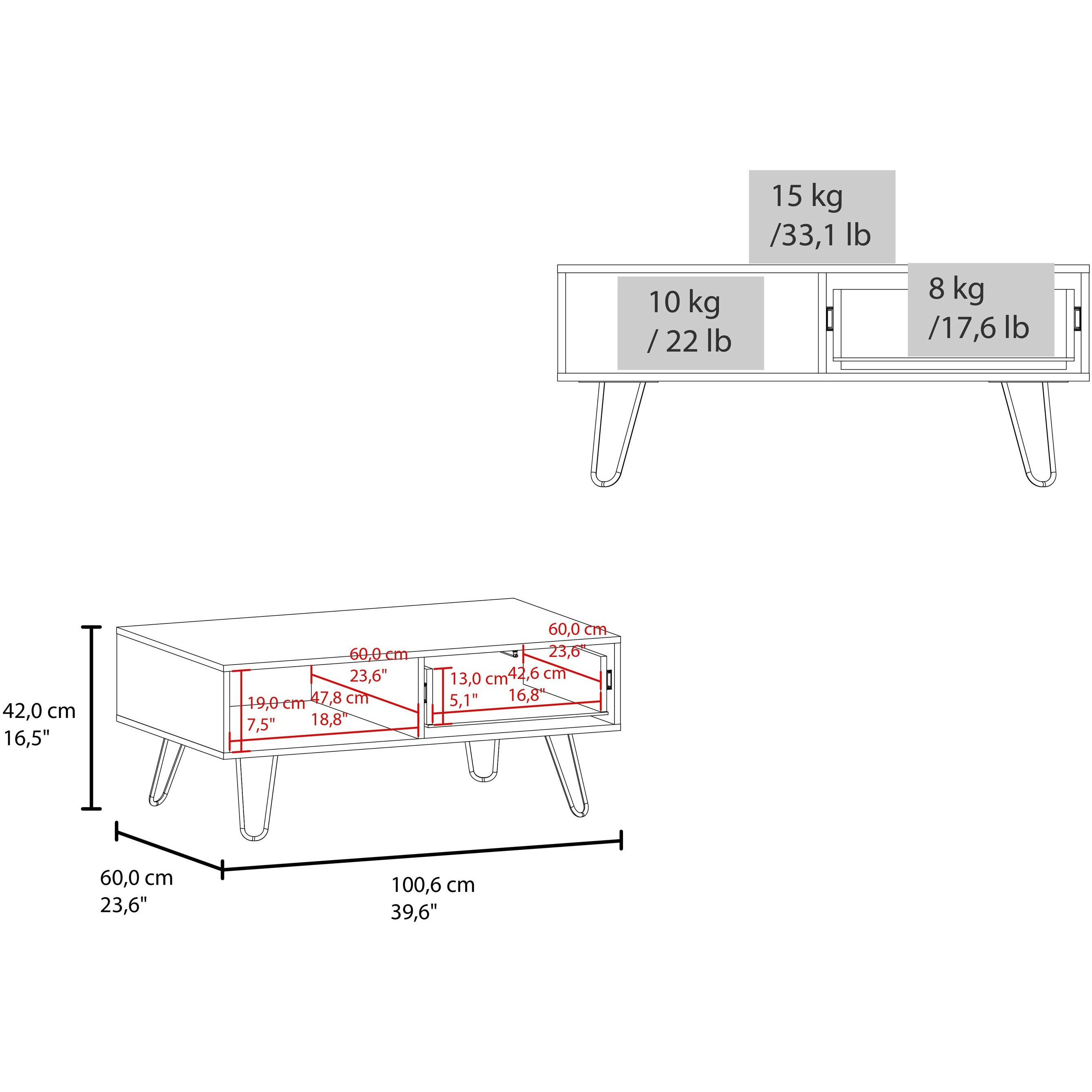 Gramling Coffee Table With A Drawer And Hairpin Legs  White + Natural Oak