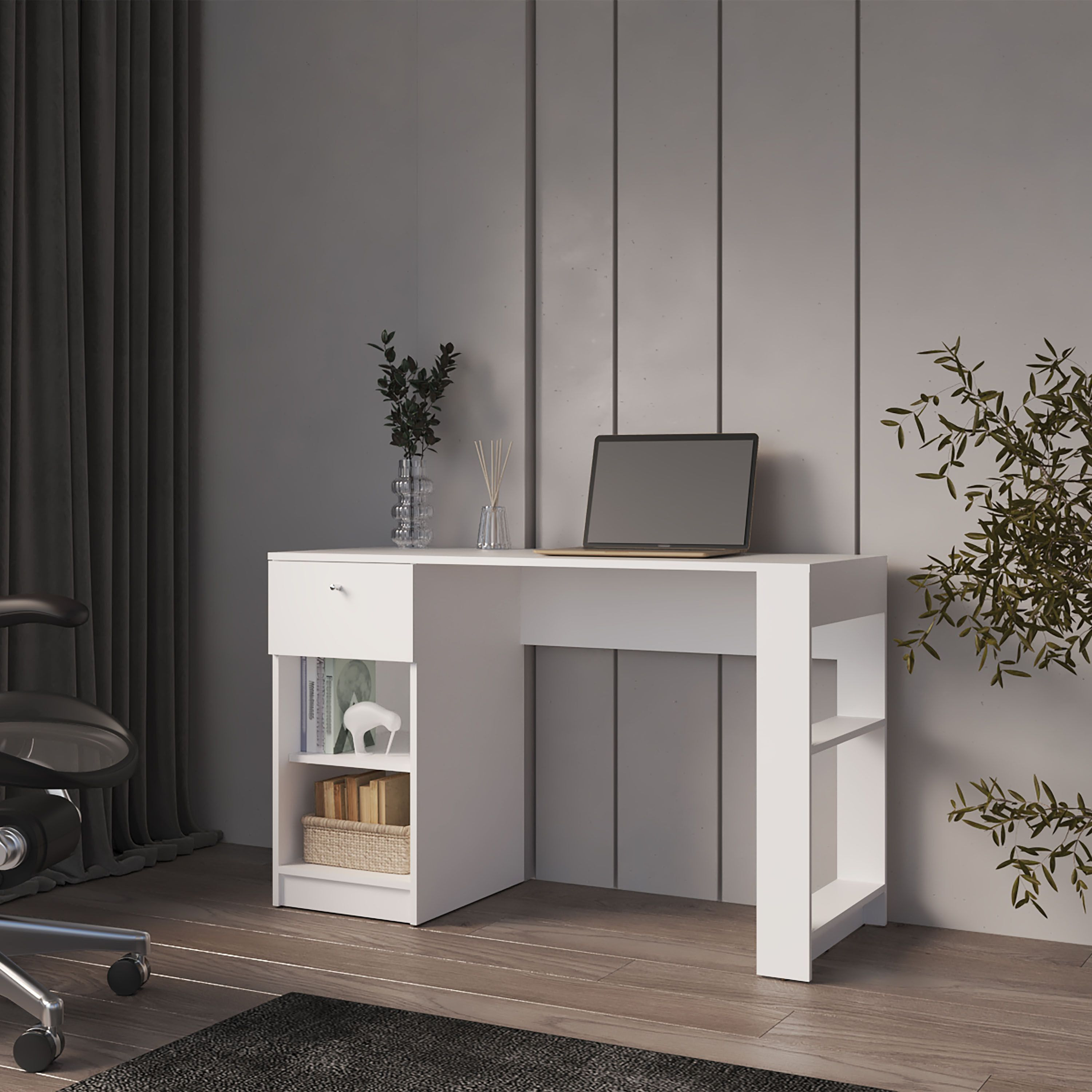 Sun City Computer Desk With A Drawer And Open Storage  White