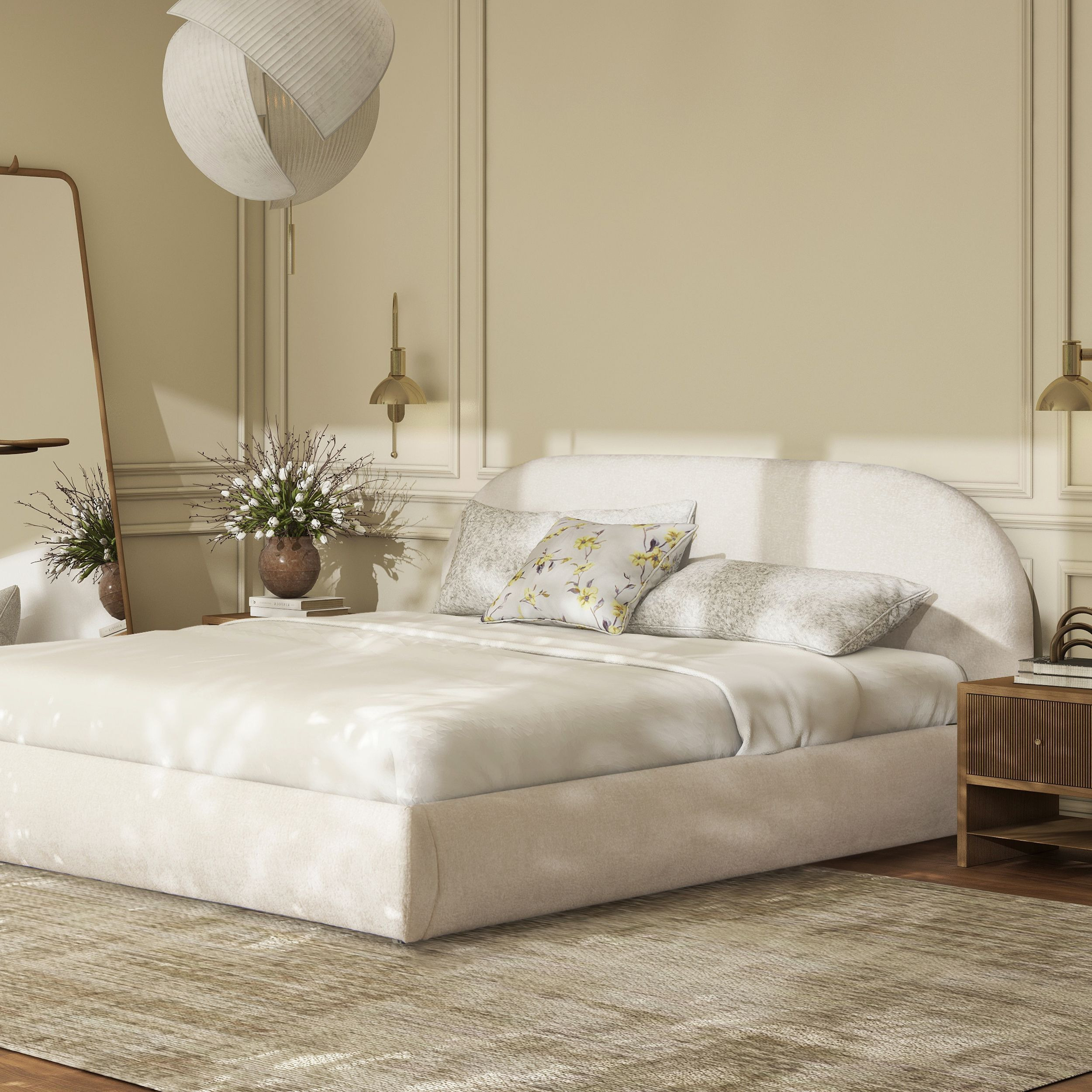 Archie Puffy Grounded Upholstered Platform Bed  King  Almond White