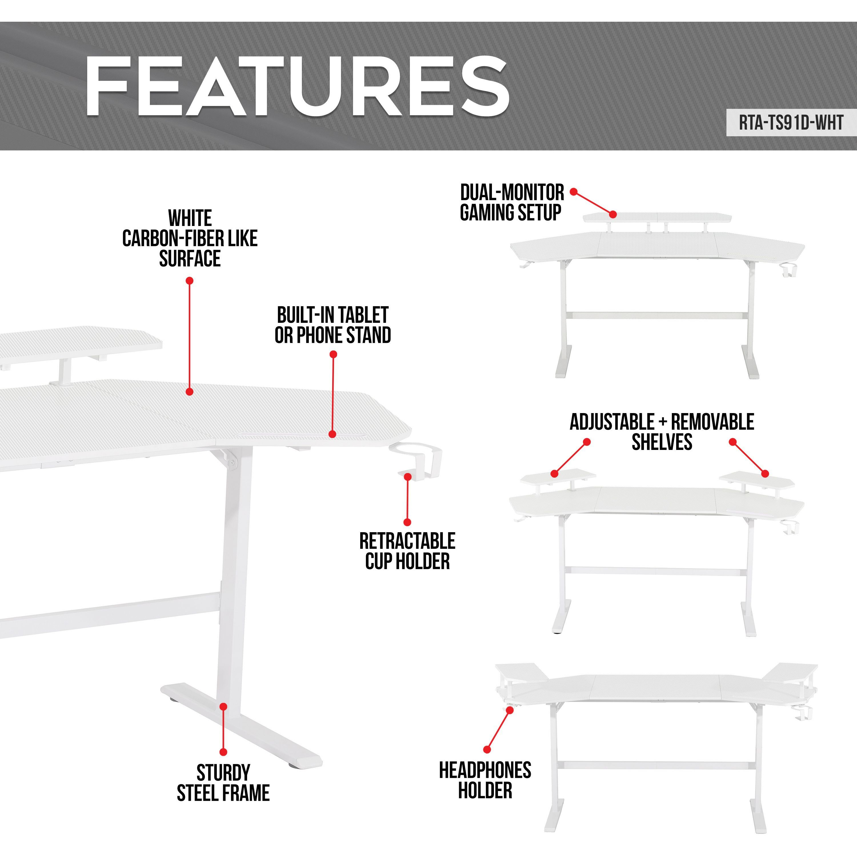 Techni Sport Ts911D Gaming Desk With Shelves & Accessory Holder  White