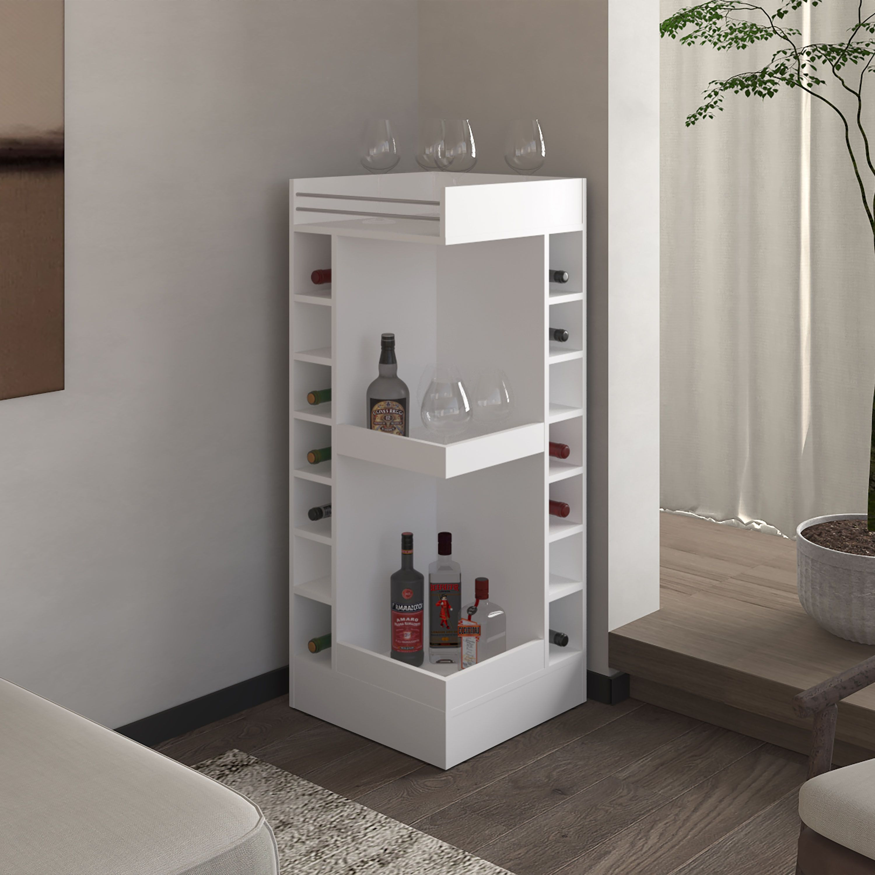 Fm Furniture Lamer Corner Bar Cabinet With Wine Rack And Open Shelf  White