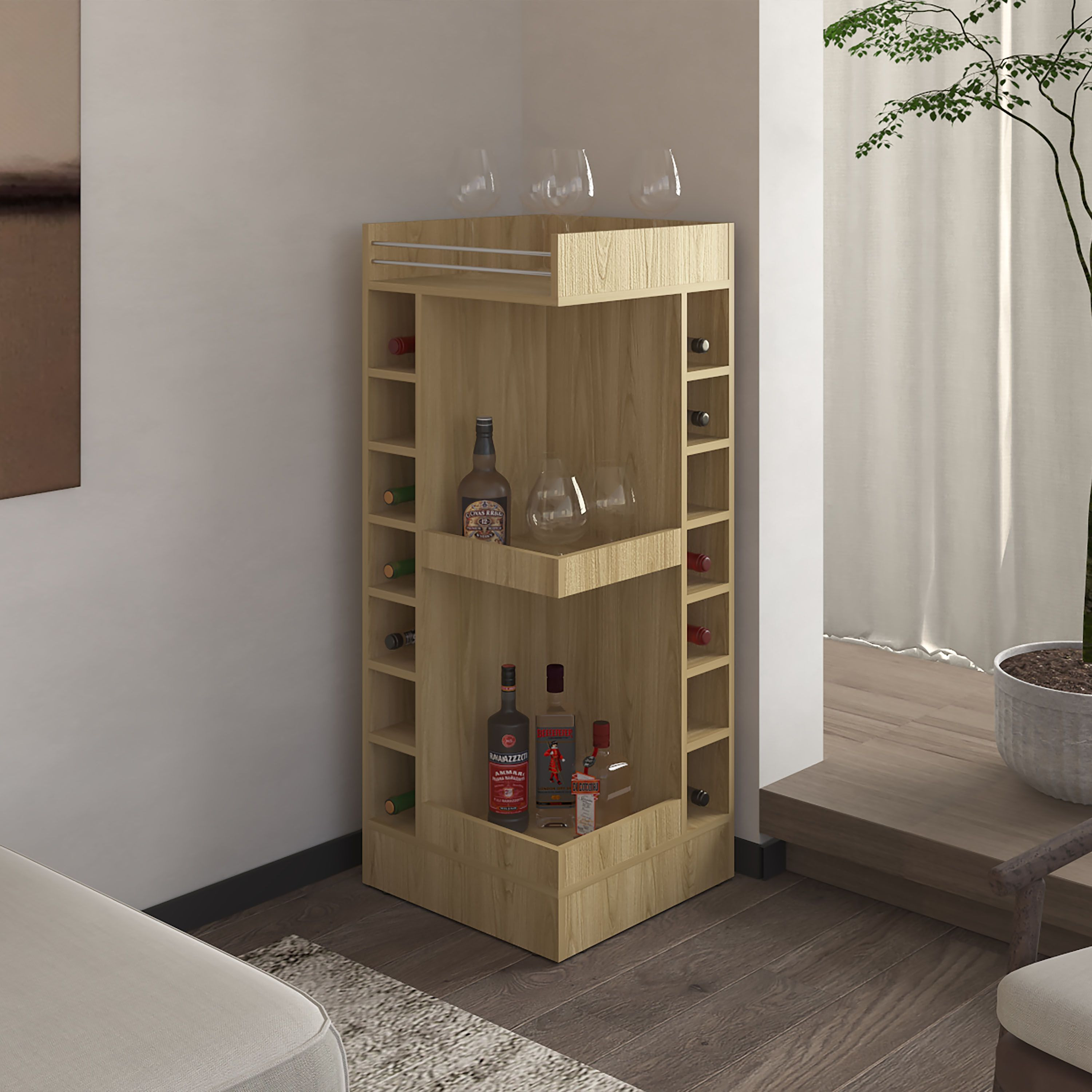 Fm Furniture Lamer Corner Bar Cabinet With Wine Rack And Open Shelf  Natural Oak