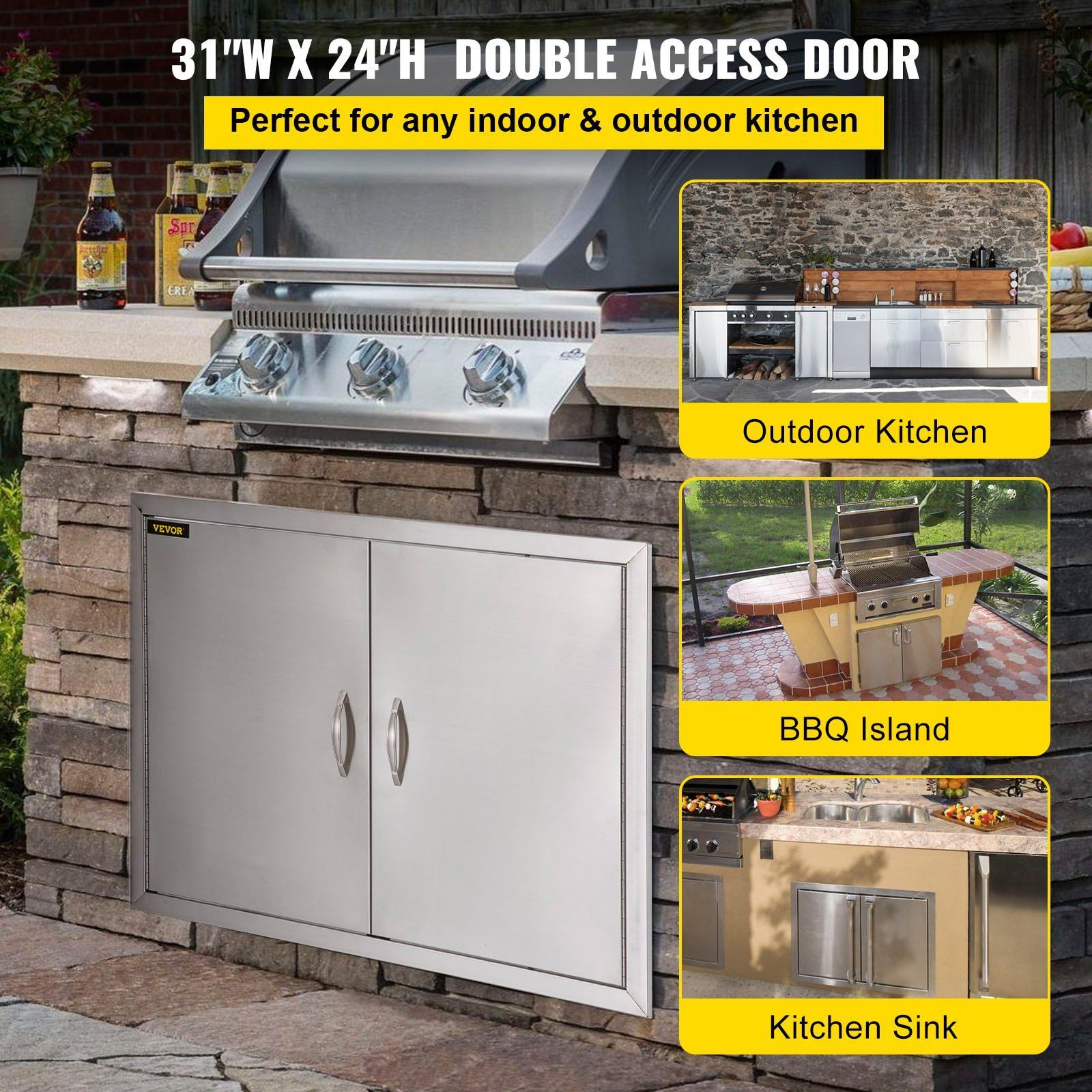 Bbq Double Access Door 31W X 24H Inch  Bbq Door Stainless Steel Wall Construction Vertical  Outdoor Kitchen Door For Bbq Island  Grilling Station  Outside Cabinet Door (Interior Shelves Not Included)