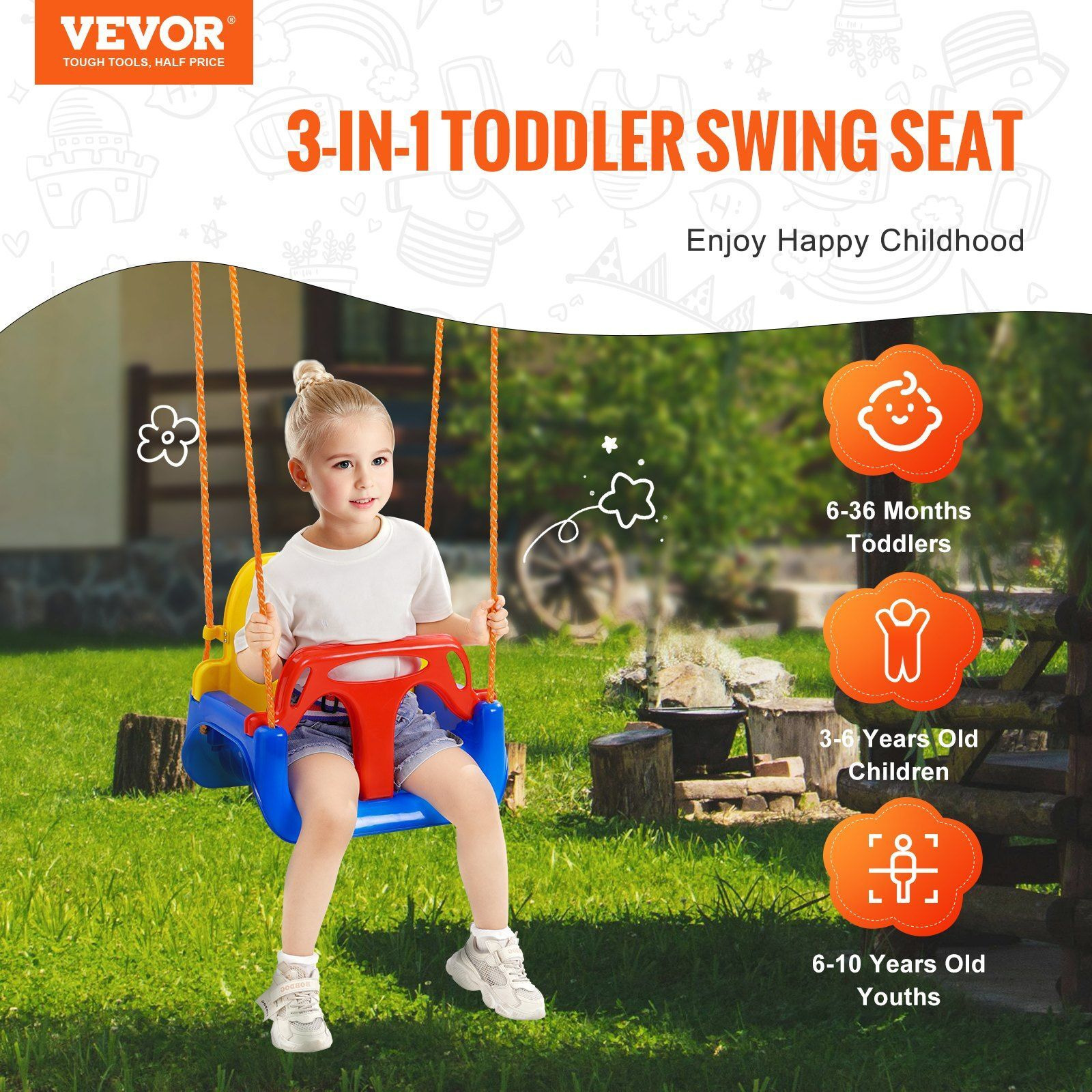 Vevor 3-In-1 Toddler Swing Seat Baby Swing Seat With Adjustable Ropes Snap Hooks