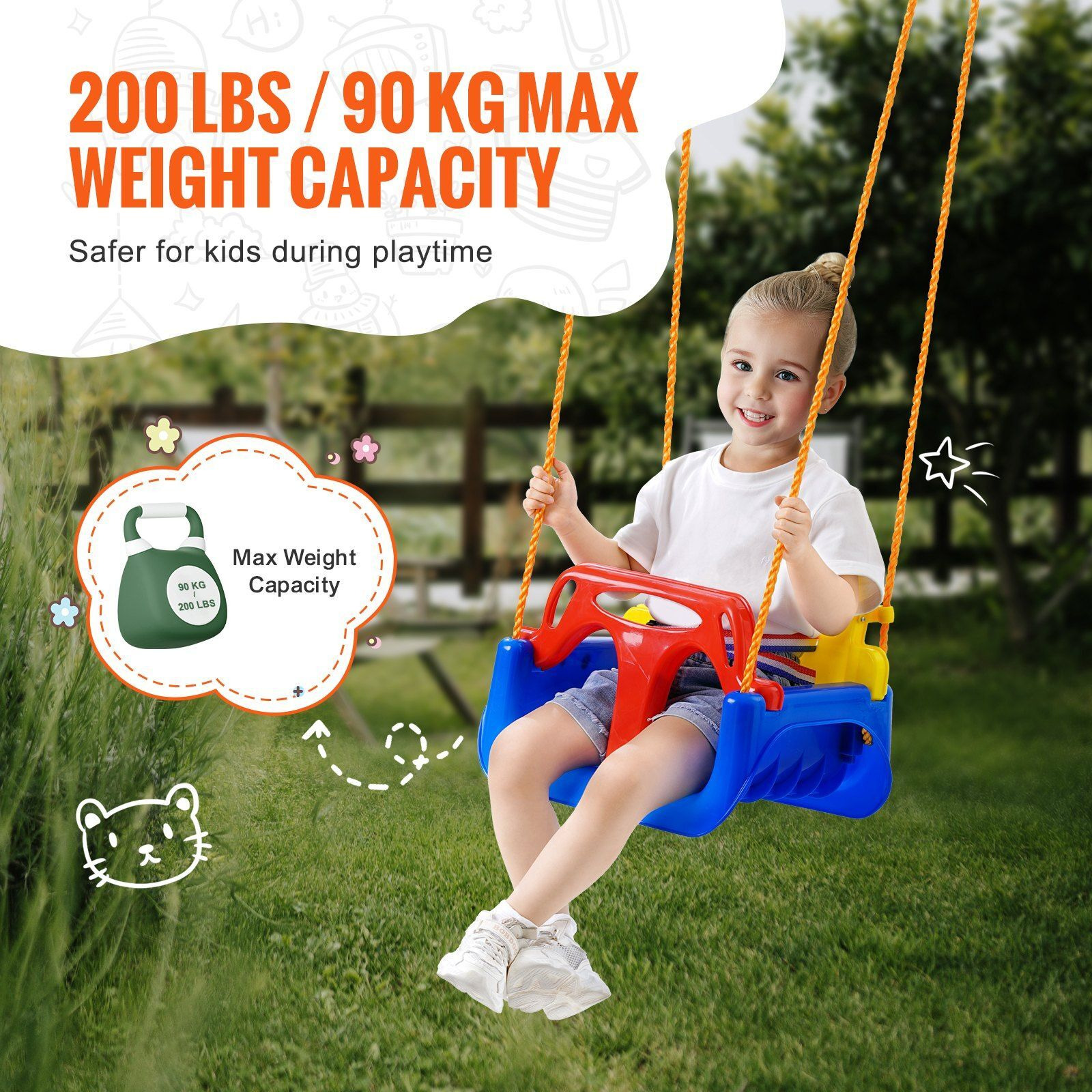 Vevor 3-In-1 Toddler Swing Seat Baby Swing Seat With Adjustable Ropes Snap Hooks