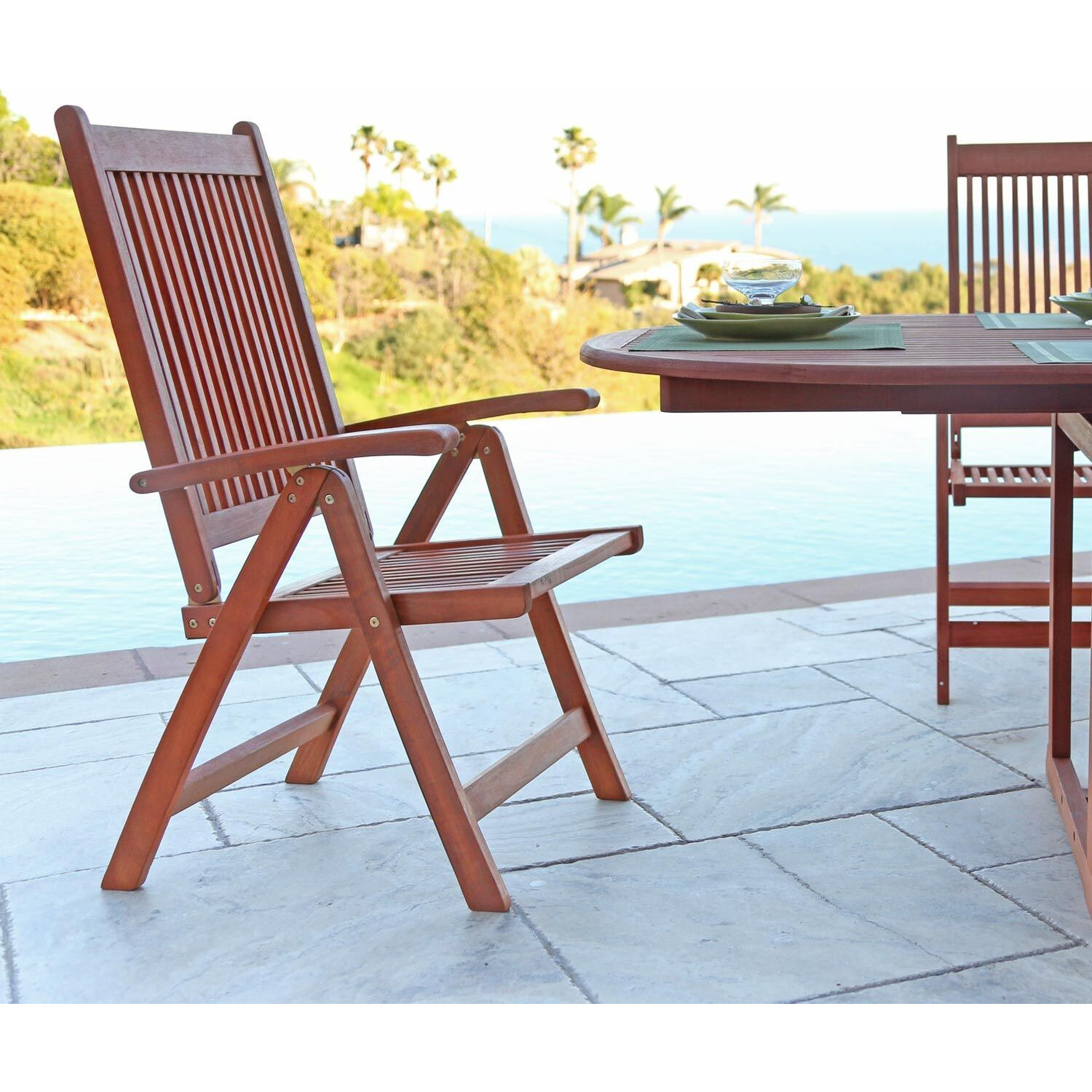 Vifah V145 Outdoor Wood Folding Arm Chair With Multiple-Position Reclining Back