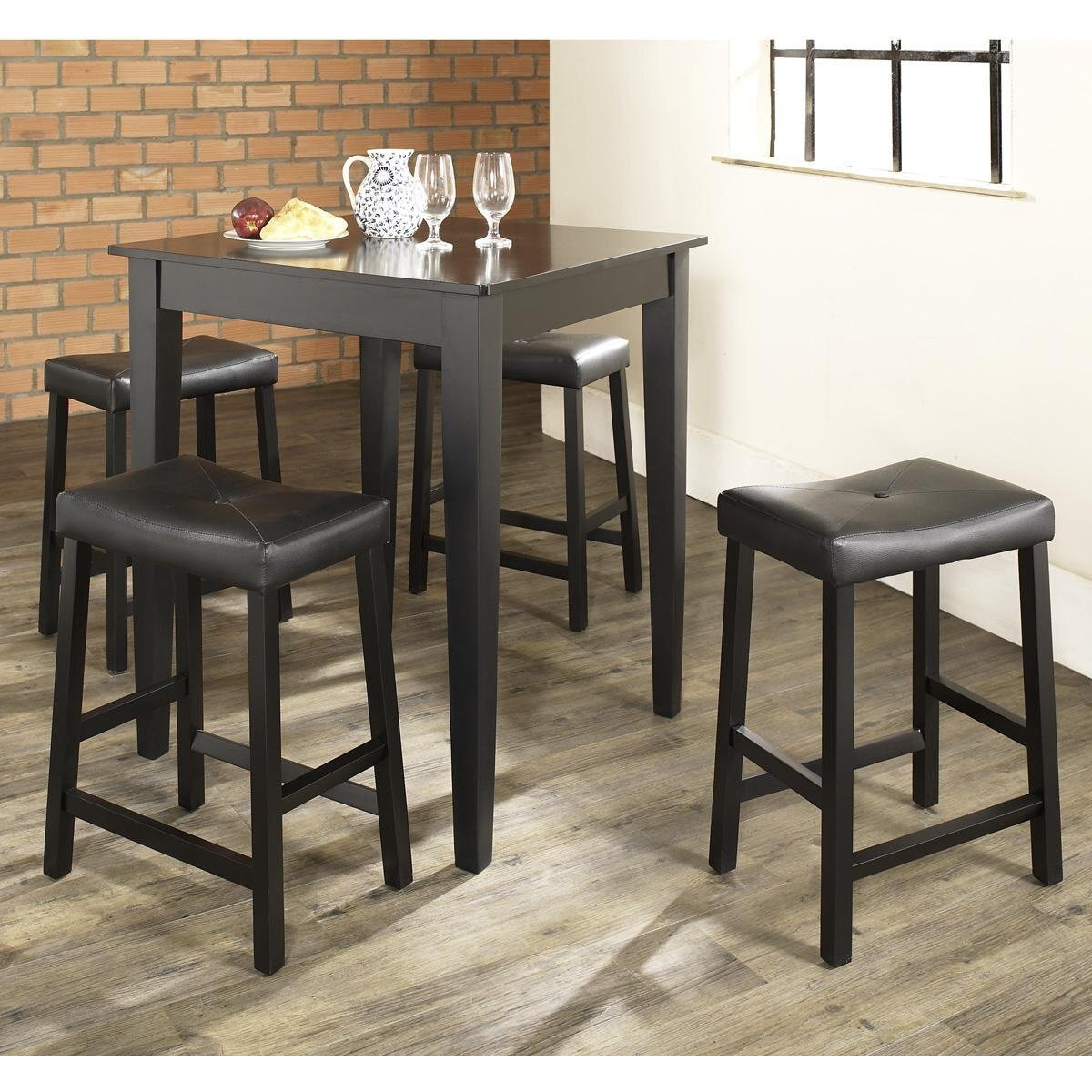 5Pc Pub Dining Set W/Upholstered Saddle Stools Black - Pub Table & 4 Counter Stools