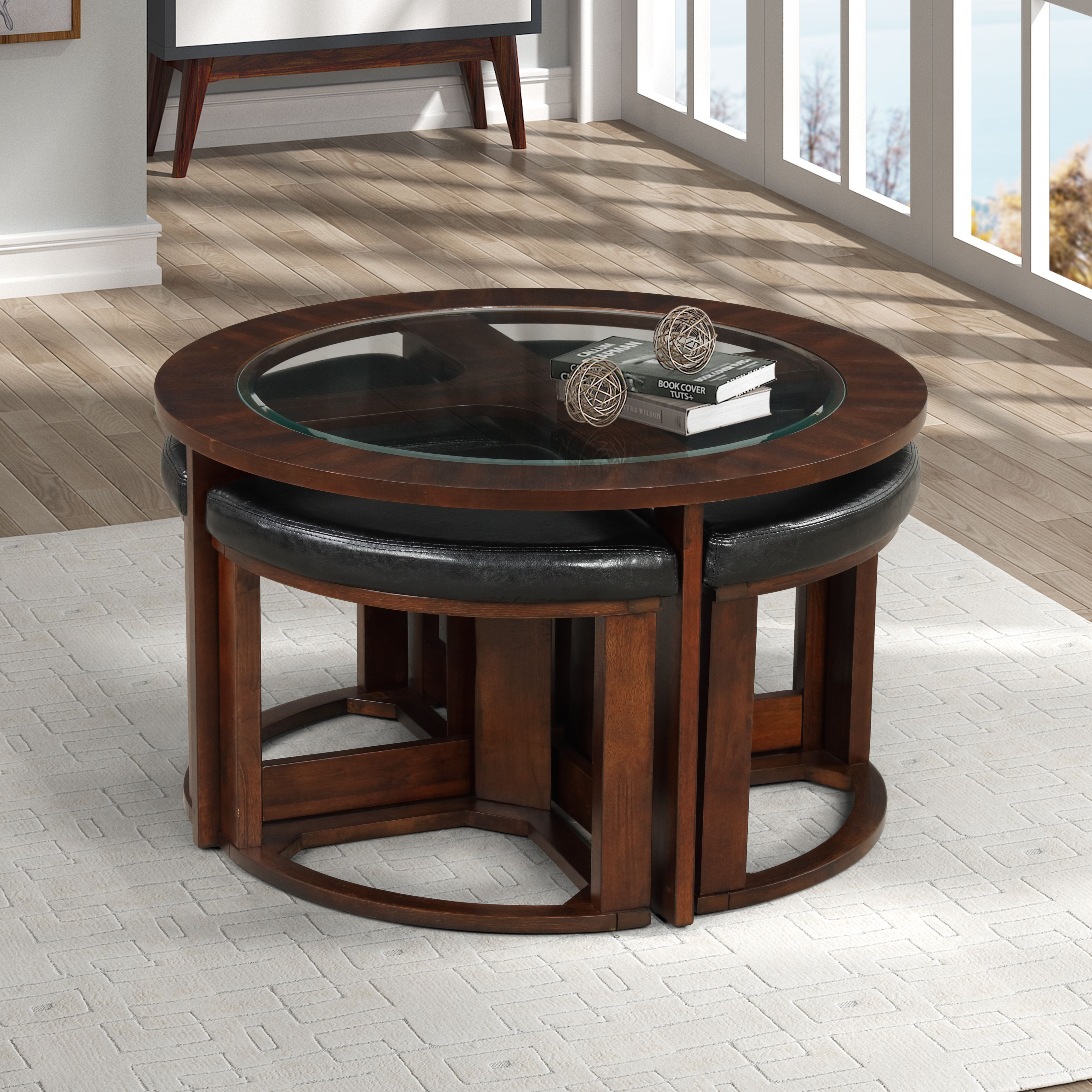 Cylina Solid Wood Glass Top Round Table Set  Coffee Table With 4 Stools