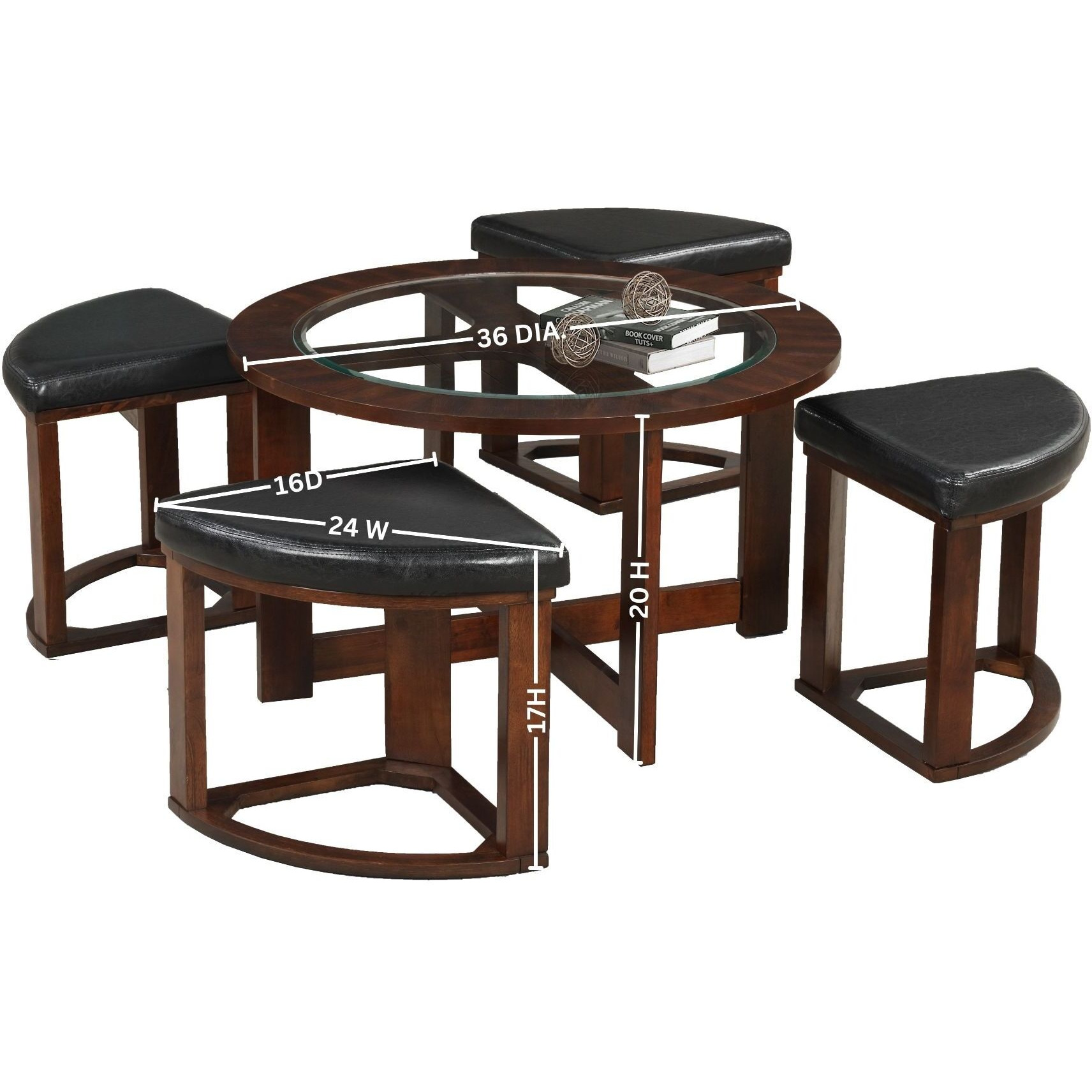 Cylina Solid Wood Glass Top Round Table Set  Coffee Table With 4 Stools