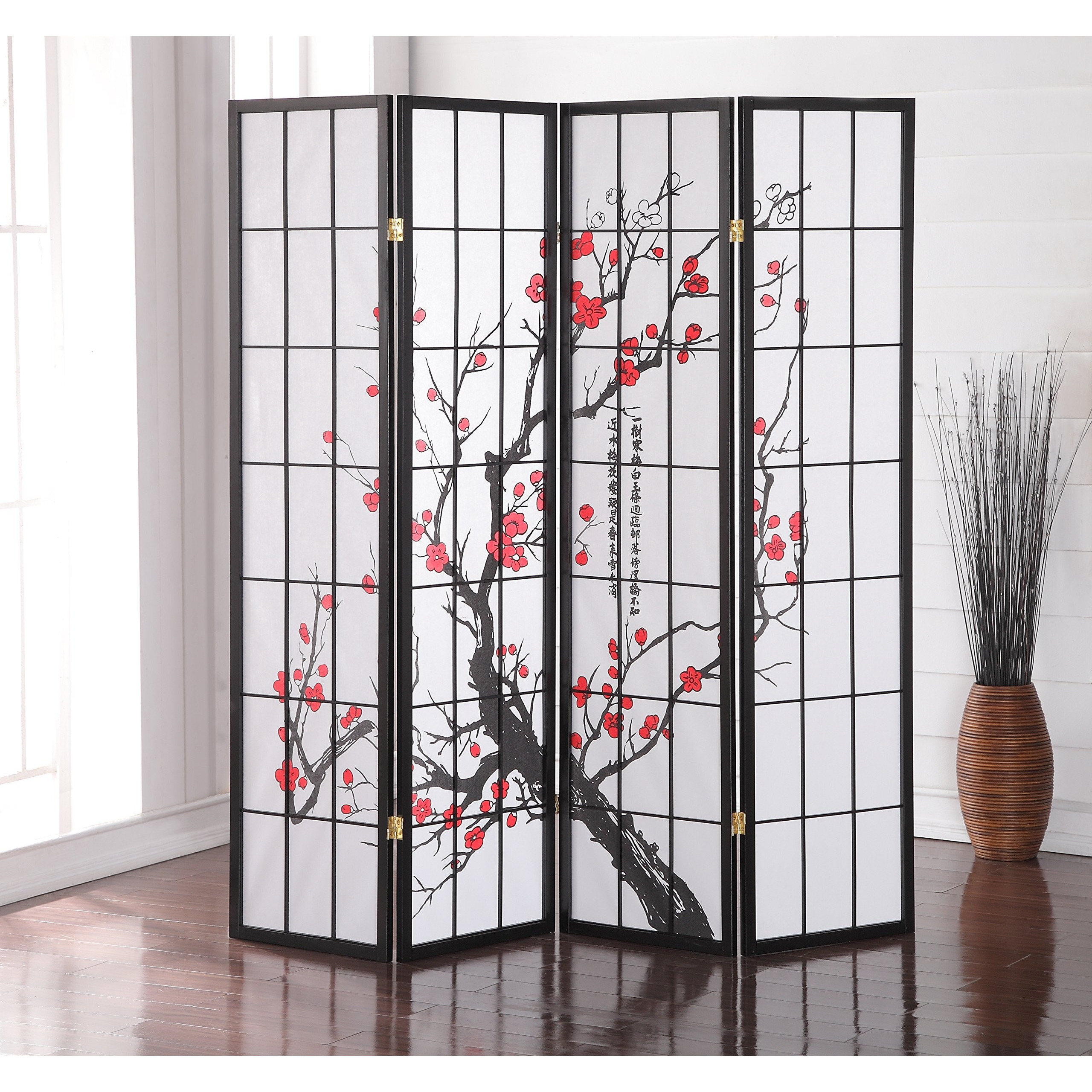 Roundhill Furniture Black Japanese 4-Panel Screen Room Divider  Plum Blossom