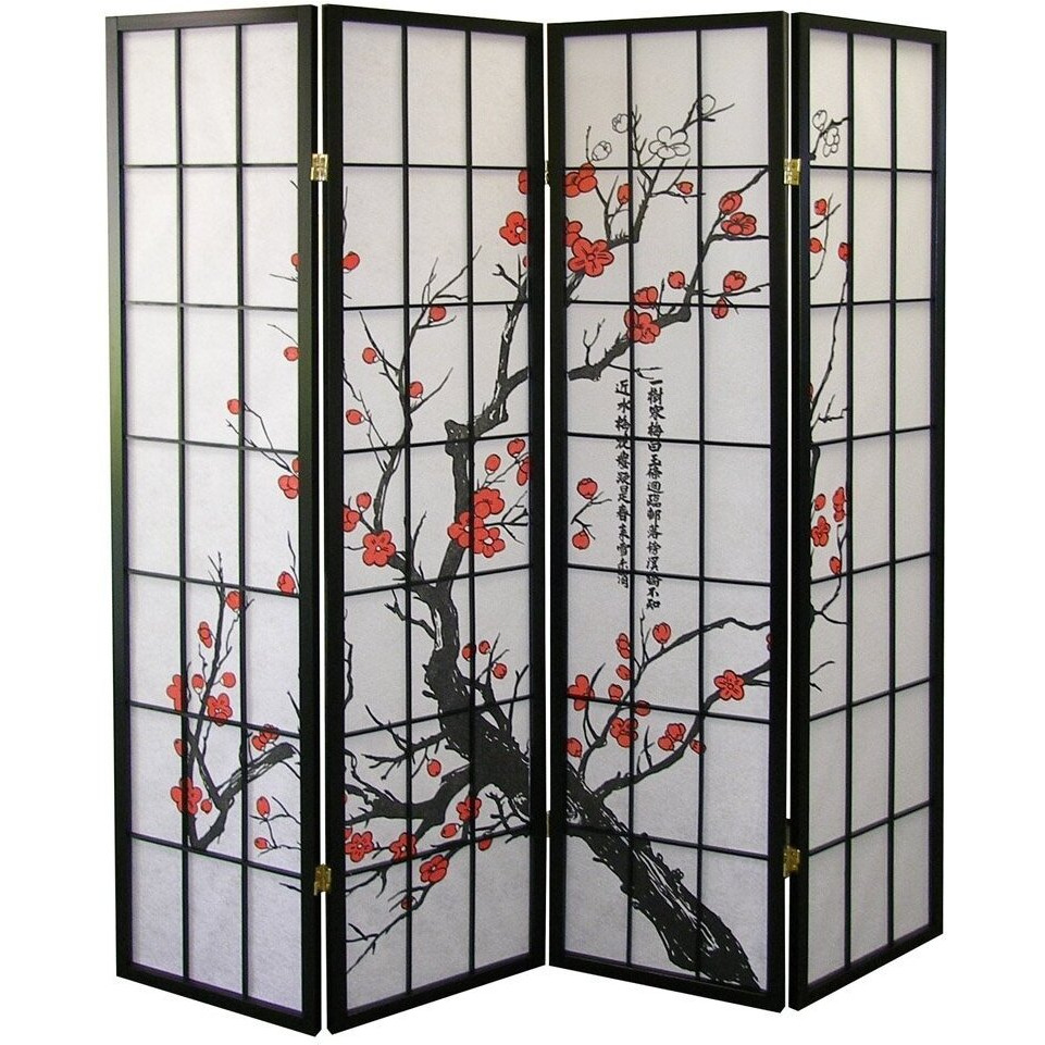 Roundhill Furniture Black Japanese 4-Panel Screen Room Divider  Plum Blossom