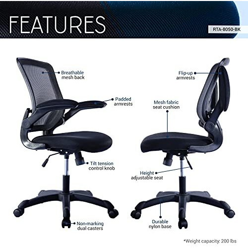 Mesh Task Office Chair With Flip Up Arms. Color Black