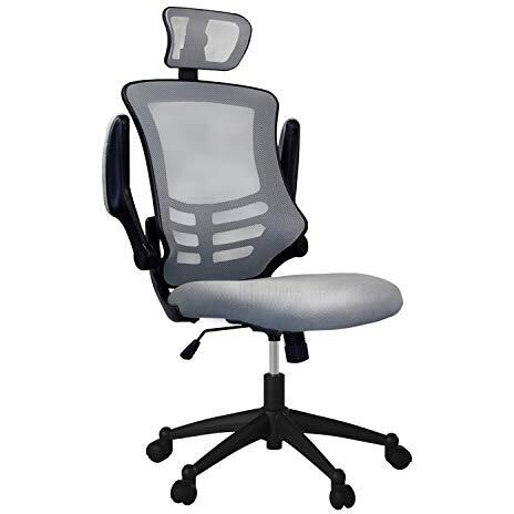 Modern High-Back Mesh Executive Office Chair With Headrest And Flip Up Arms. Color Silver Grey