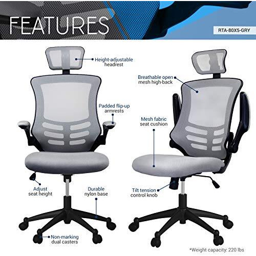 Modern High-Back Mesh Executive Office Chair With Headrest And Flip Up Arms. Color Silver Grey