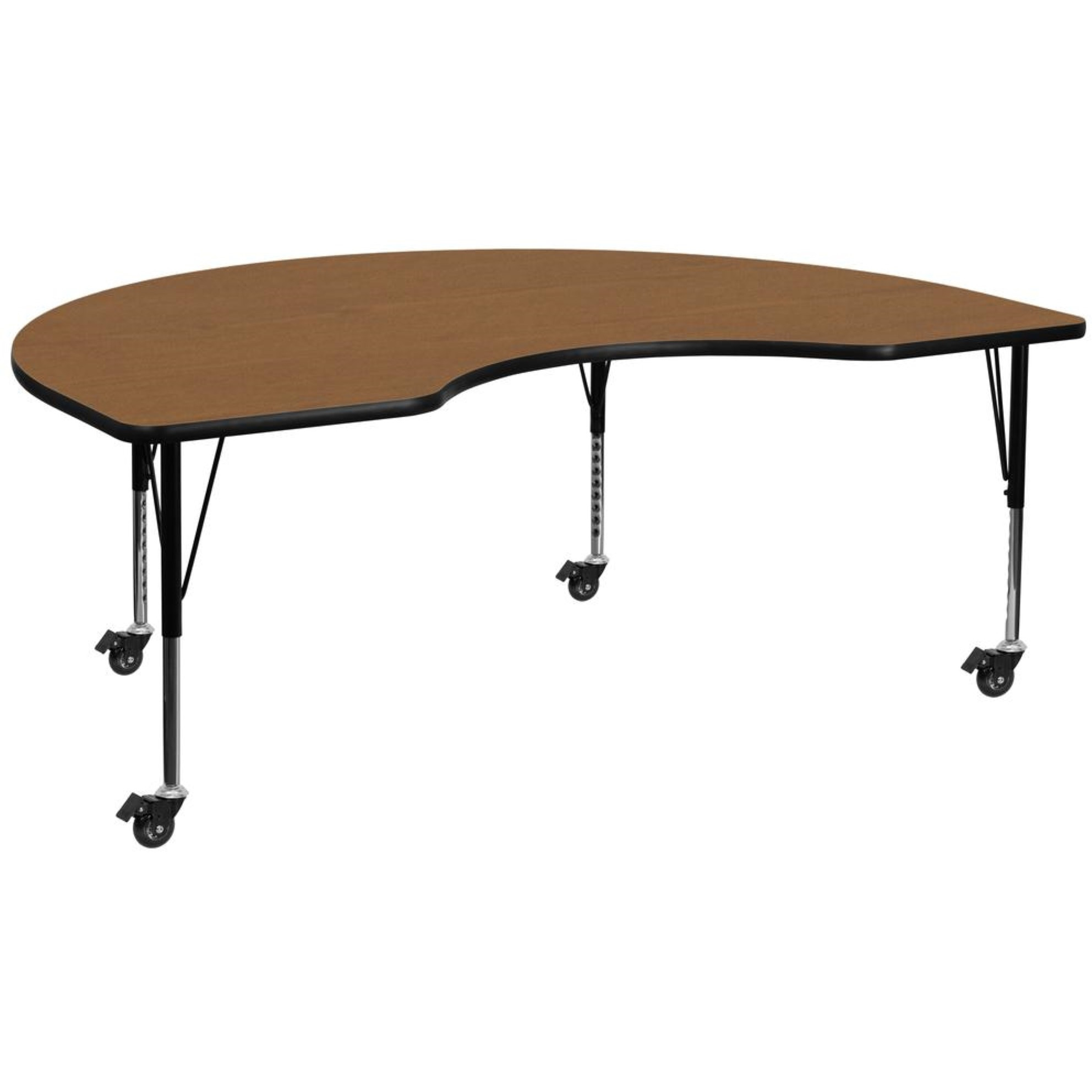 Mobile 48W X 96L Kidney Oak Thermal Laminate Activity Table - Height Adjustable Short Legs