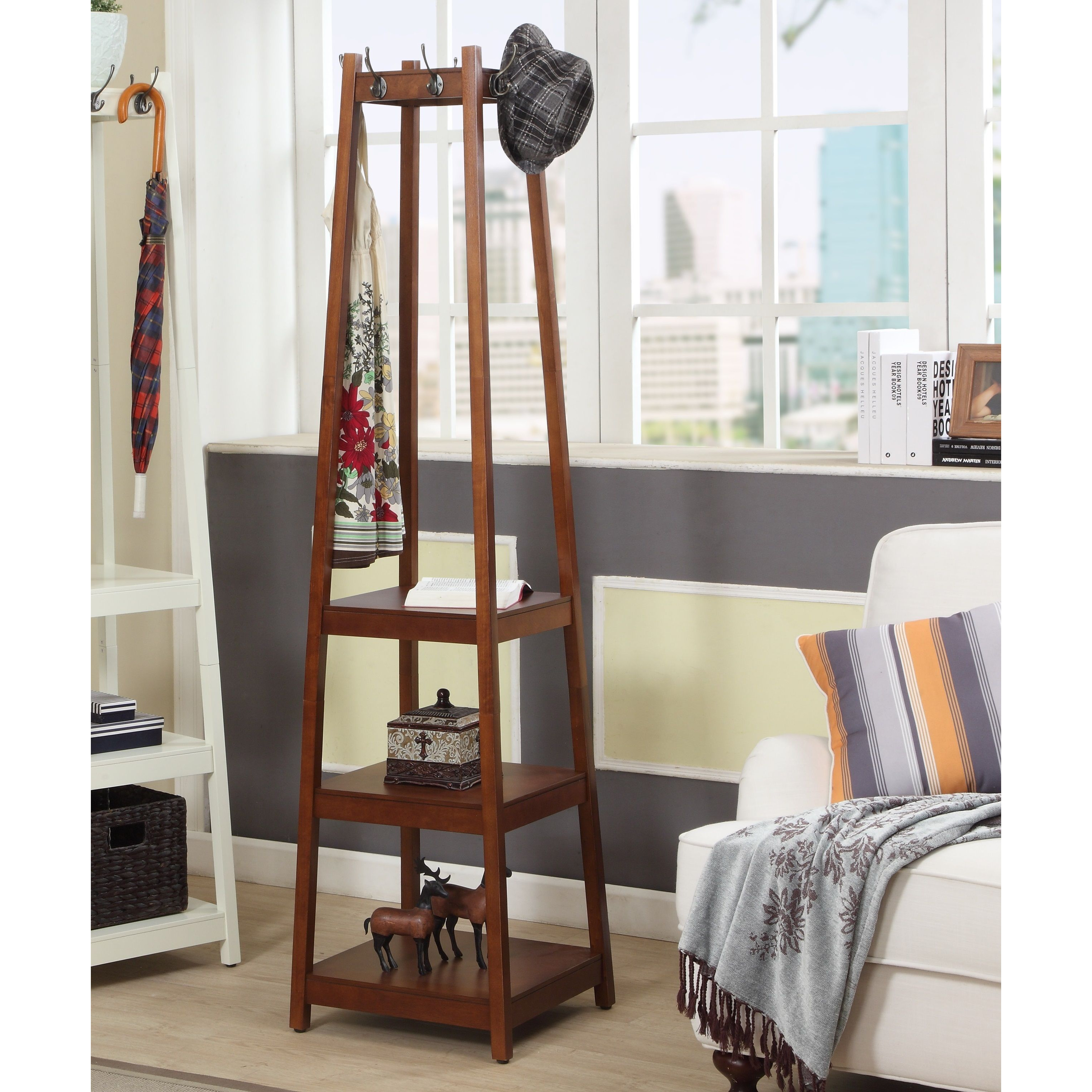 Vassen Coat Rack W/ 3-Tier Storage Shelves In Espresso Finish