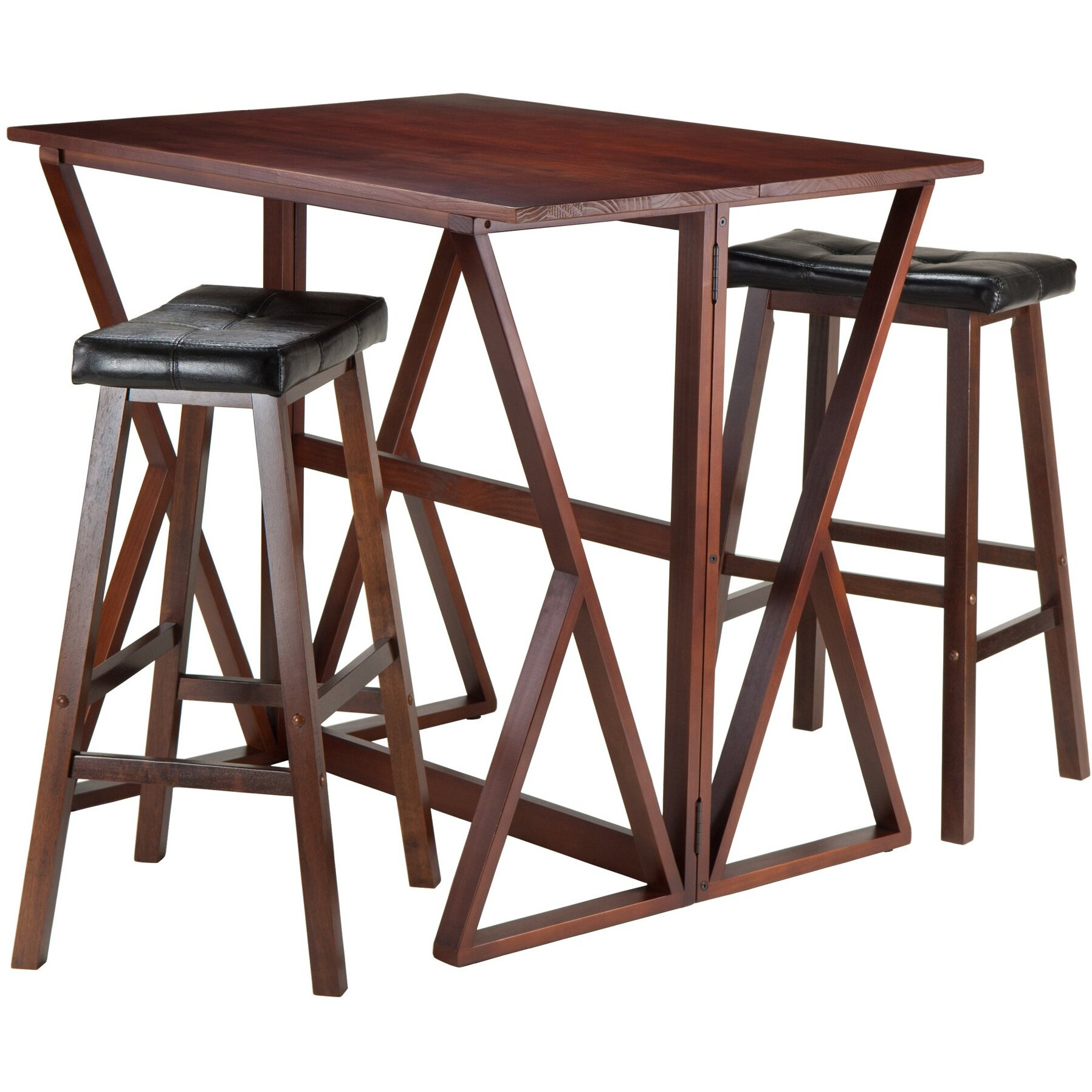 Winsome 3-Piece Harrington Drop Leaf High Table With 2 Cushion Saddle Seat Stools  29-Inch  Brown