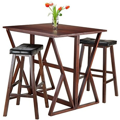 Winsome 3-Piece Harrington Drop Leaf High Table With 2 Cushion Saddle Seat Stools  29-Inch  Brown