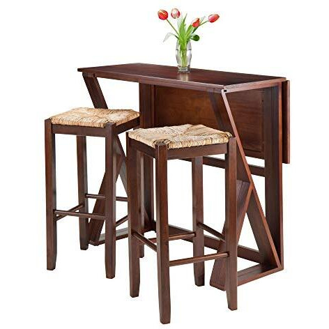 Winsome 3-Piece Harrington Drop Leaf High Table With 2 Rush Seat Stools  29-Inch  Brown