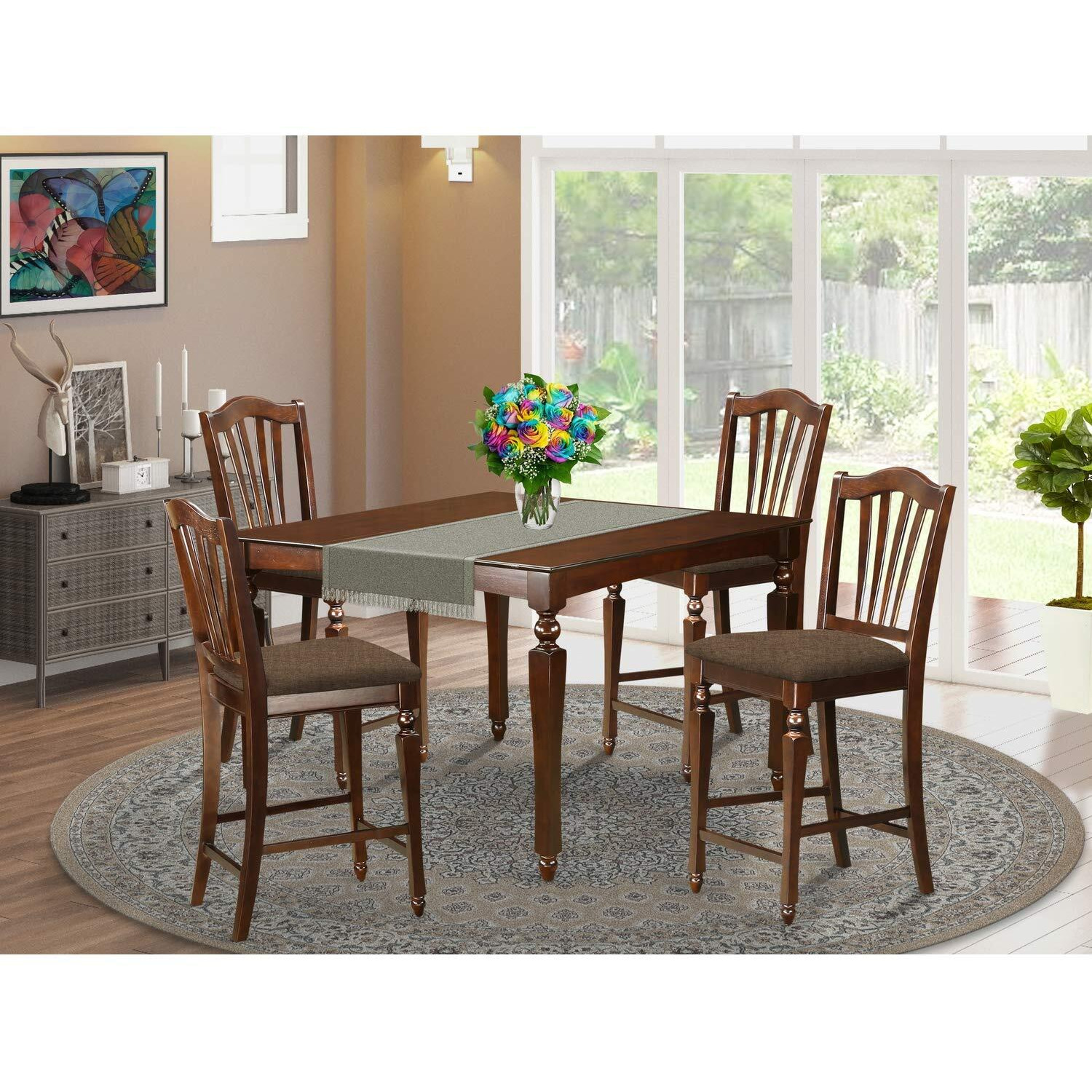 East West Furniture Chel5-Mah-C Chelsea 5 Piece Counter Height Set Includes A Square Dining Room Table With Butterfly Leaf And 4 Linen Fabric Upholstered Chairs  54X54 Inch