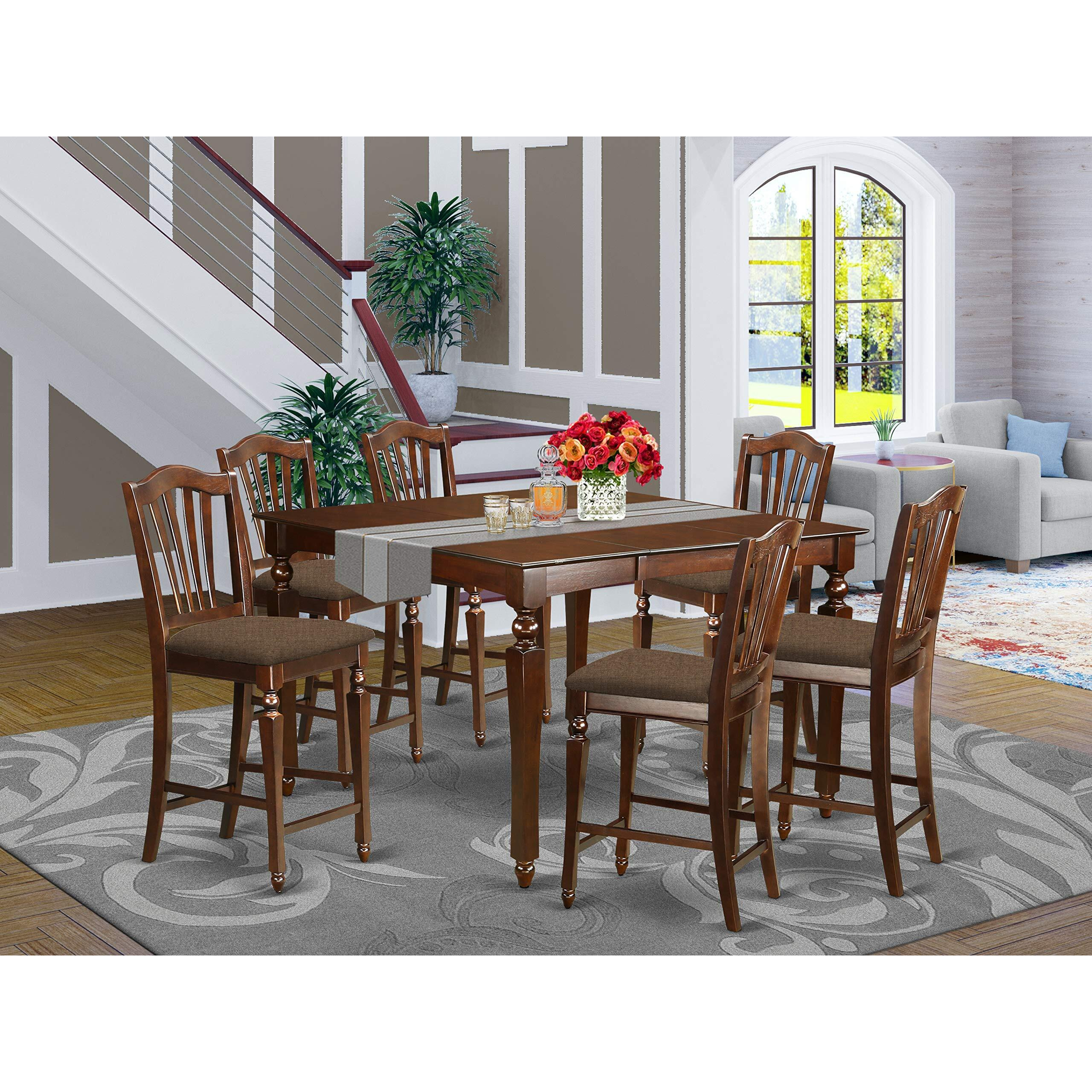 East West Furniture Chel7-Mah-C 7 Piece Counter Height Set Consist Of A Square Dining Room Table With Butterfly Leaf And 6 Linen Fabric Upholstered Chairs  54X54 Inch