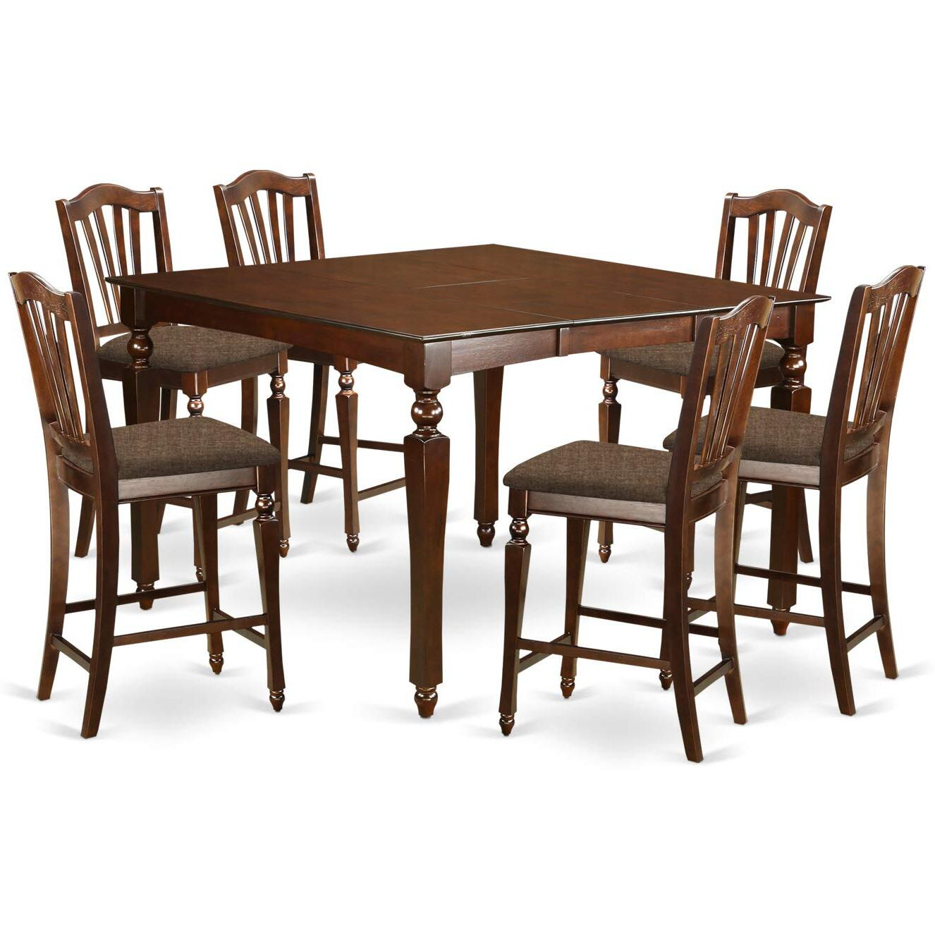 East West Furniture Chel7-Mah-C 7 Piece Counter Height Set Consist Of A Square Dining Room Table With Butterfly Leaf And 6 Linen Fabric Upholstered Chairs  54X54 Inch