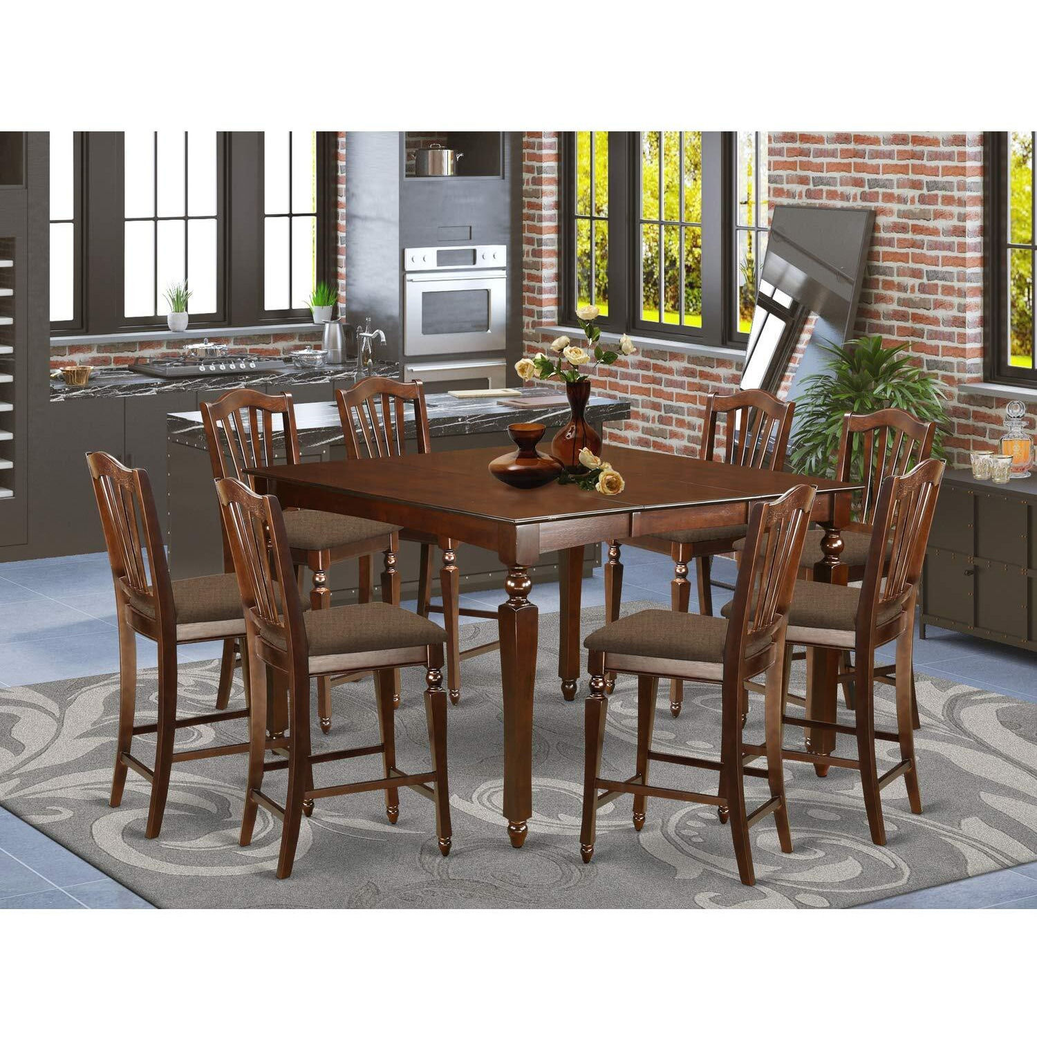 East West Furniture Chel9-Mah-C Chelsea 9 Piece Counter Height Pub Set Includes A Square Dining Table With Butterfly Leaf And 8 Linen Fabric Upholstered Kitchen Chairs  54X54 Inch