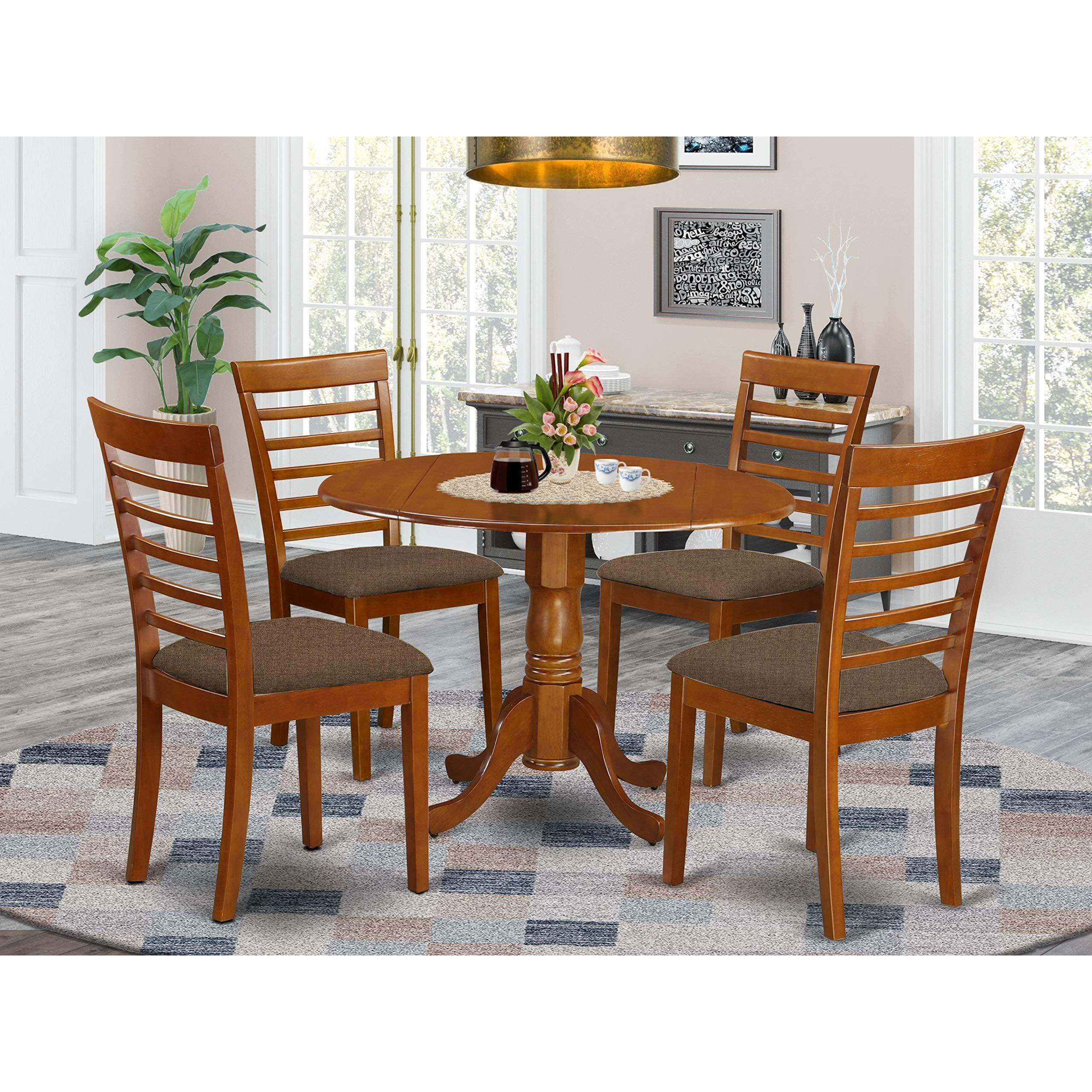 East West Furniture Dublin 5 Piece Dinette Set For 4 Includes A Round Room Table With Dropleaf And 4 Linen Fabric Upholstered Dining Chairs  42X42 Inch  Saddle Brown