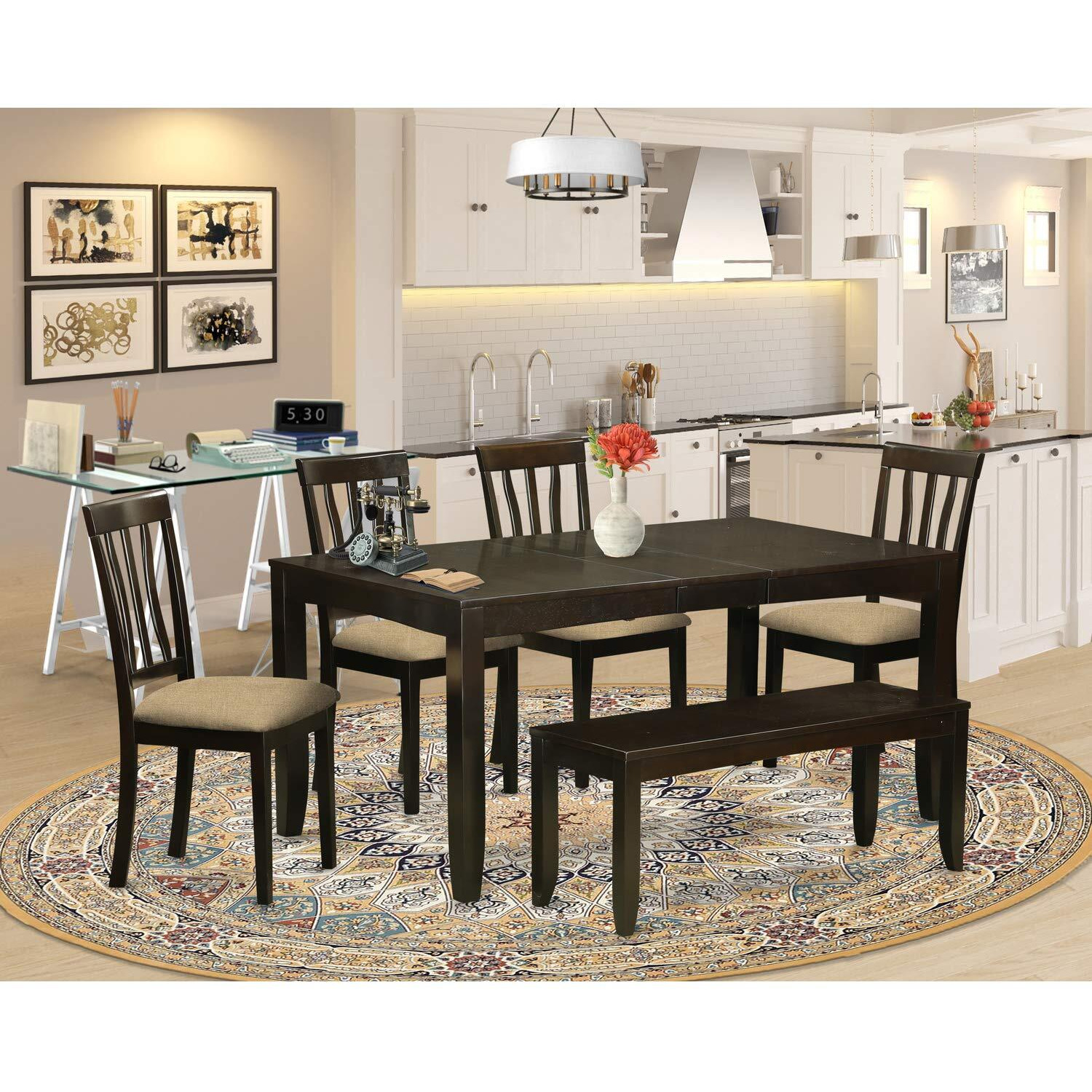 East West Furniture Lyan6-Cap-C Lynfield 6 Piece Set Contains A Rectangle Dining Room Table With Butterfly Leaf And 4 Linen Fabric Upholstered Chairs With A Bench  36X66 Inch  Cappuccino