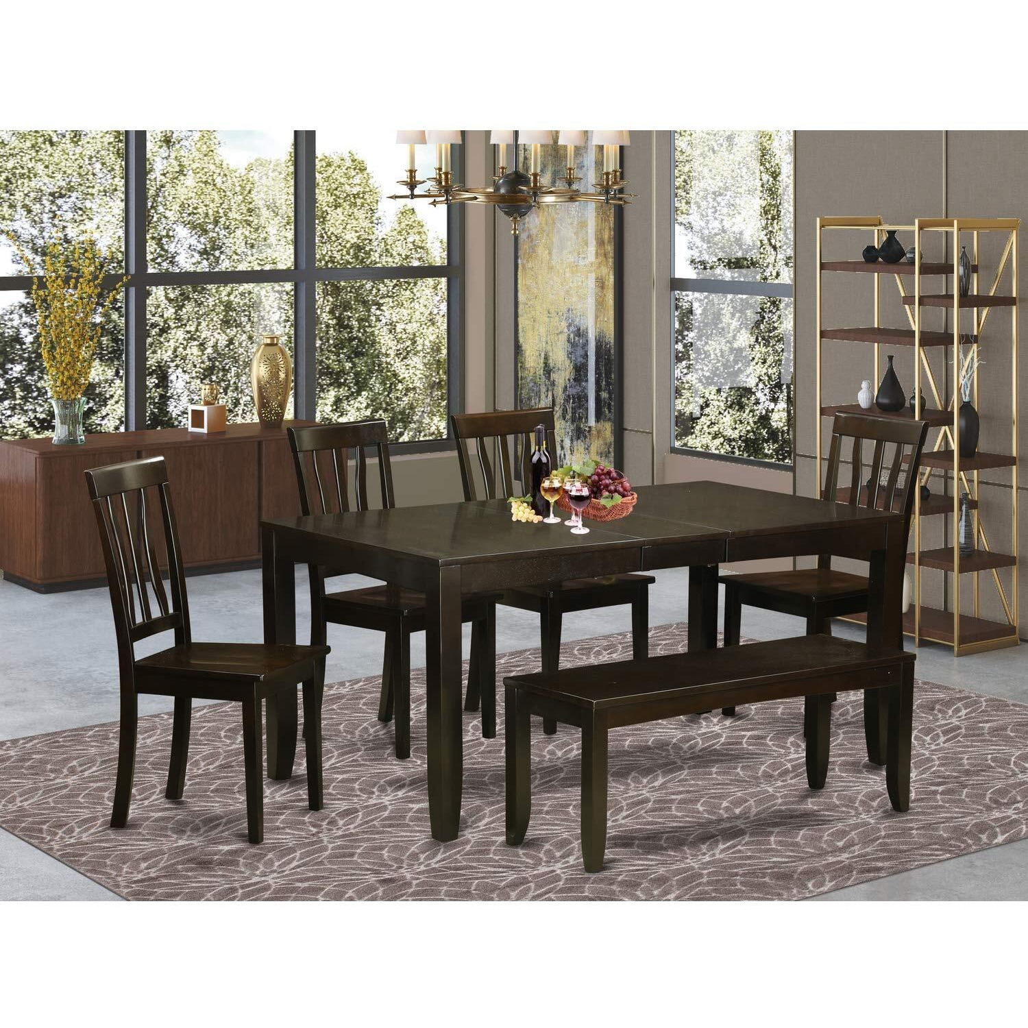 East West Furniture Lyan6-Cap-W Lynfield 6 Piece Set Contains A Rectangle Dining Room Table With Butterfly Leaf And 4 Wooden Seat Chairs With A Bench  36X66 Inch  Cappuccino