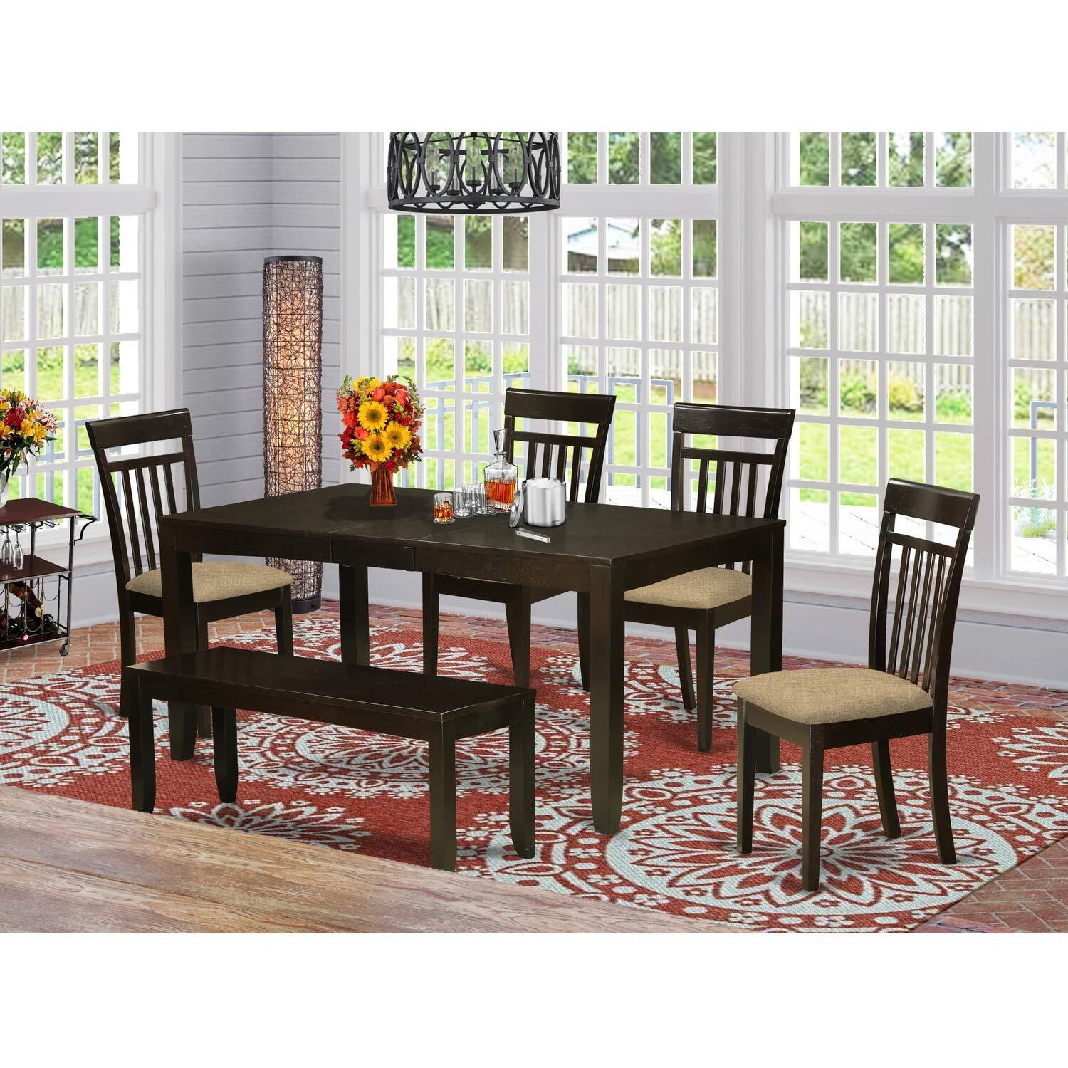 East West Furniture Lyca6-Cap-C Lynfield 6 Piece Set Contains A Rectangle Dining Room Table With Butterfly Leaf And 4 Linen Fabric Kitchen Chairs With A Bench  36X66 Inch  Cappuccino