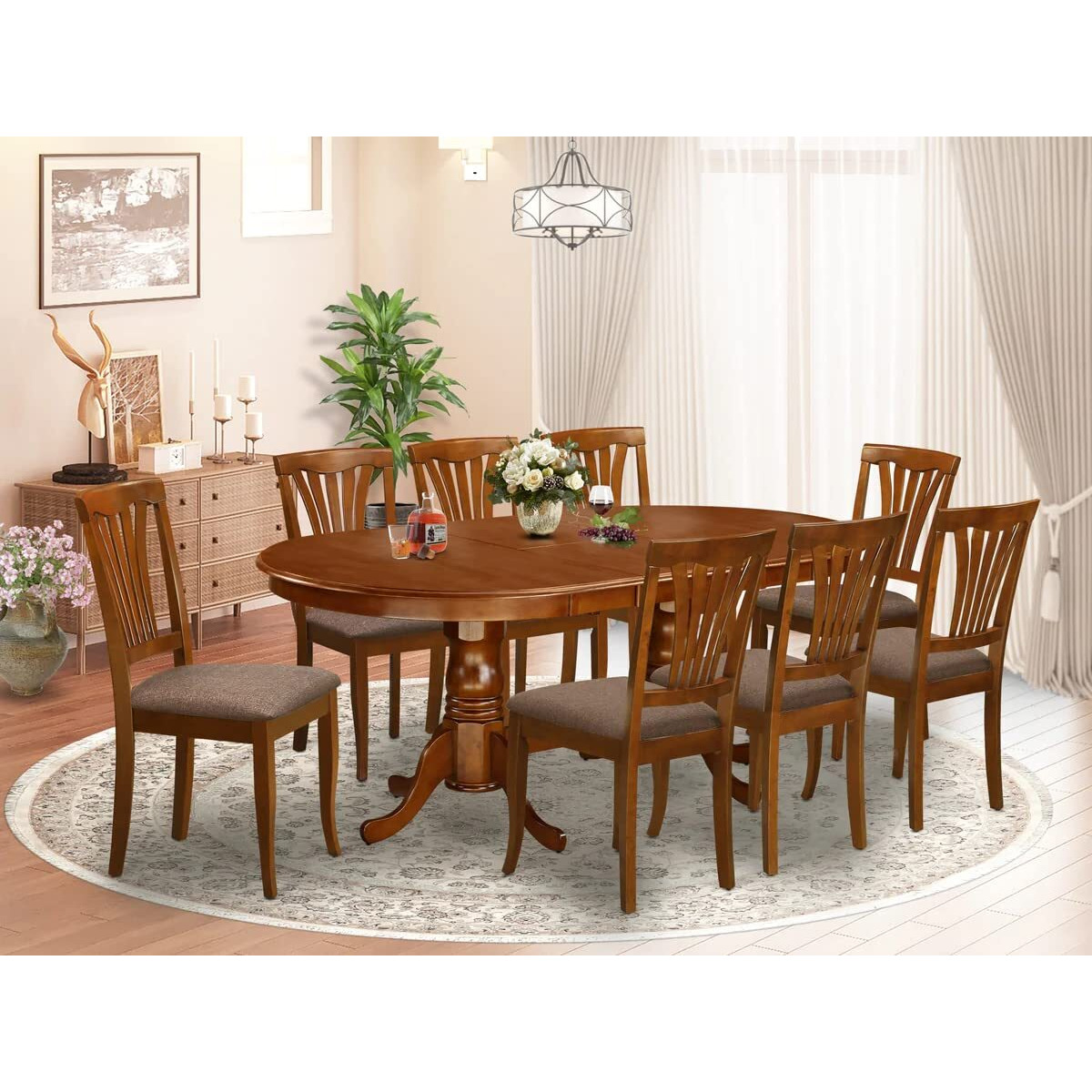 East West Furniture Pfav9-Sbr-C 9 Piece Dining Room Table Set Includes A Square Kitchen Table With Butterfly Leaf And 8 Linen Fabric Upholstered Dining Chairs  54X54 Inch  Saddle Brown