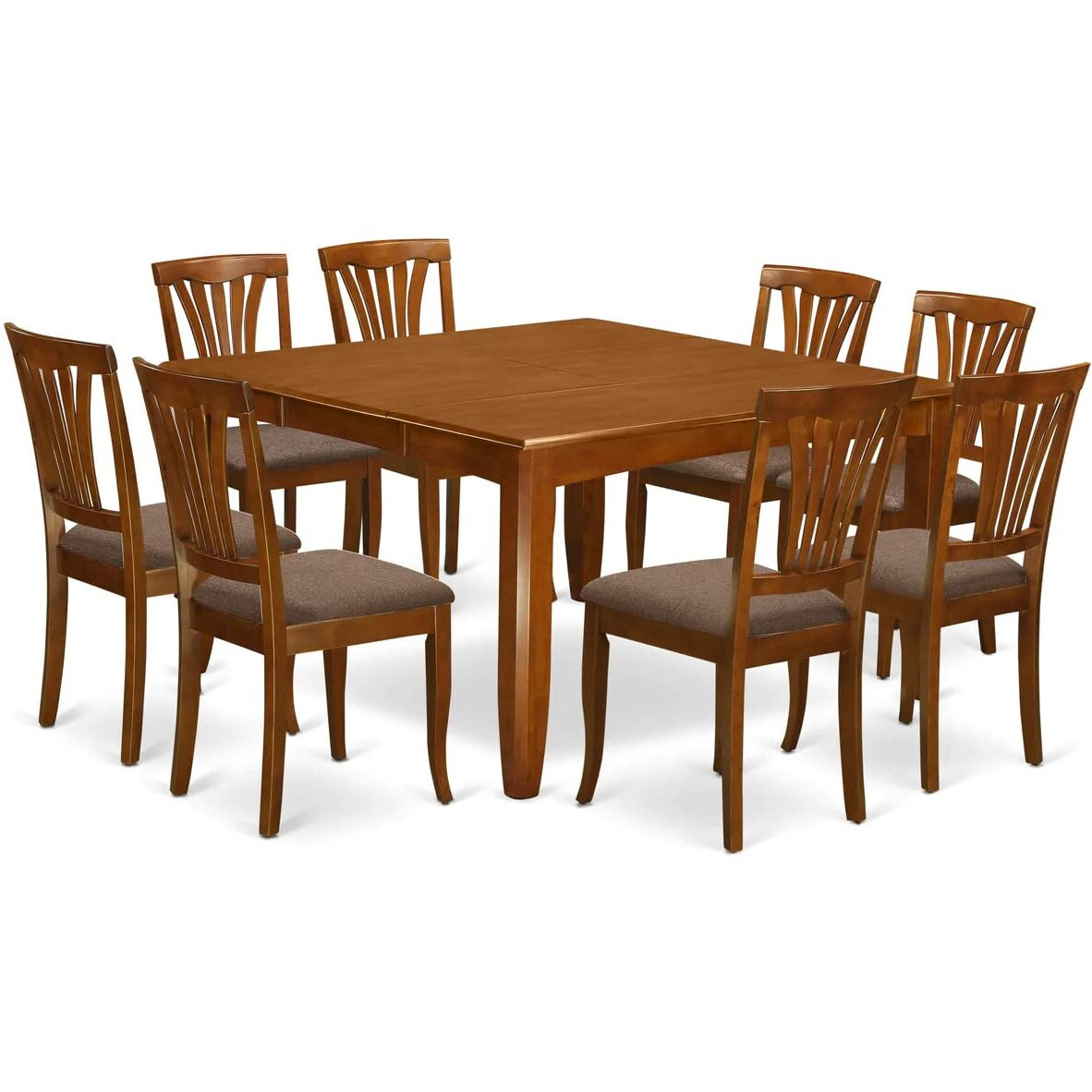 East West Furniture Pfav9-Sbr-C 9 Piece Dining Room Table Set Includes A Square Kitchen Table With Butterfly Leaf And 8 Linen Fabric Upholstered Dining Chairs  54X54 Inch  Saddle Brown