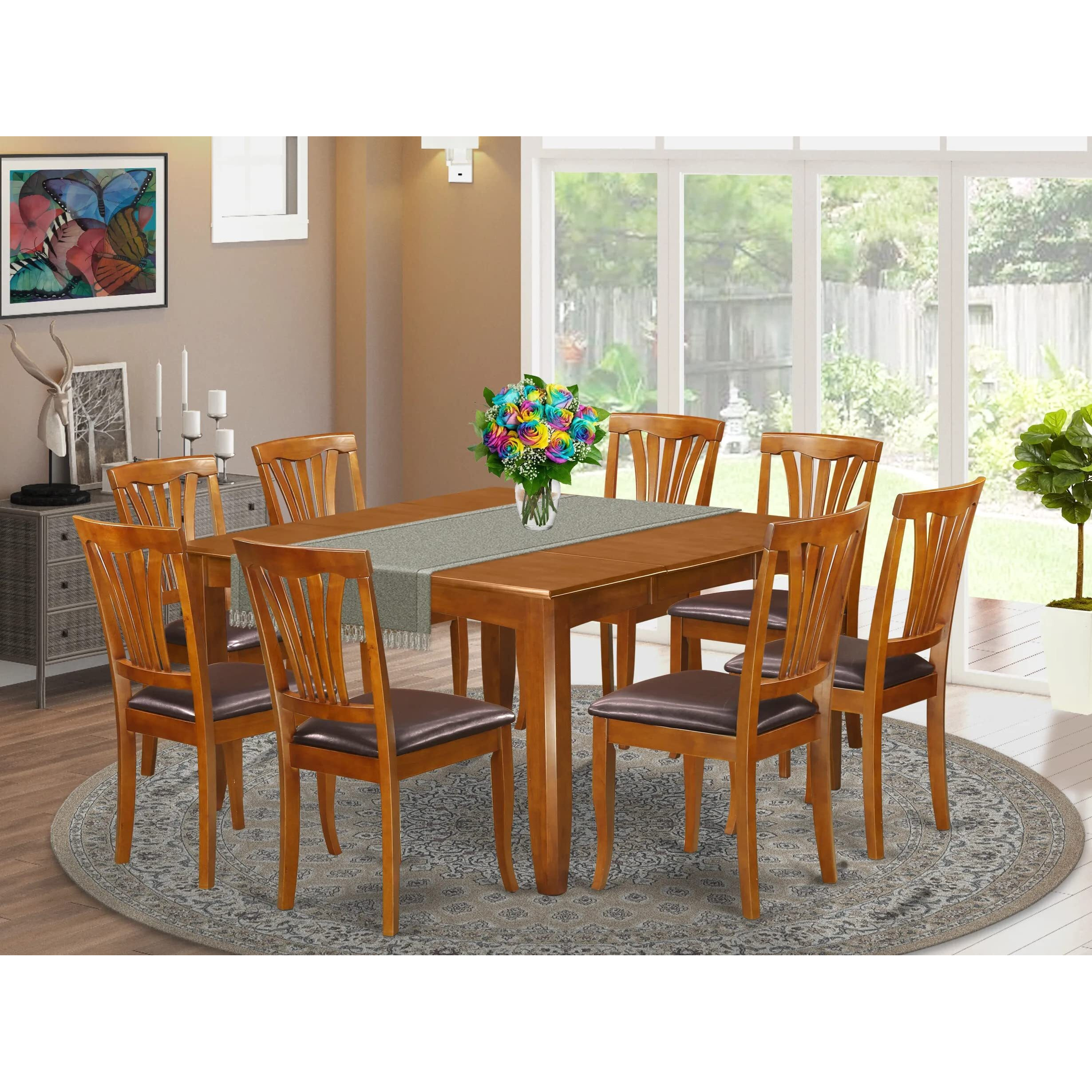 East West Furniture Pfav9-Sbr-Lc 9 Piece Dining Table Set Includes A Square Wooden Table With Butterfly Leaf And 8 Faux Leather Dining Room Chairs  54X54 Inch  Saddle Brown